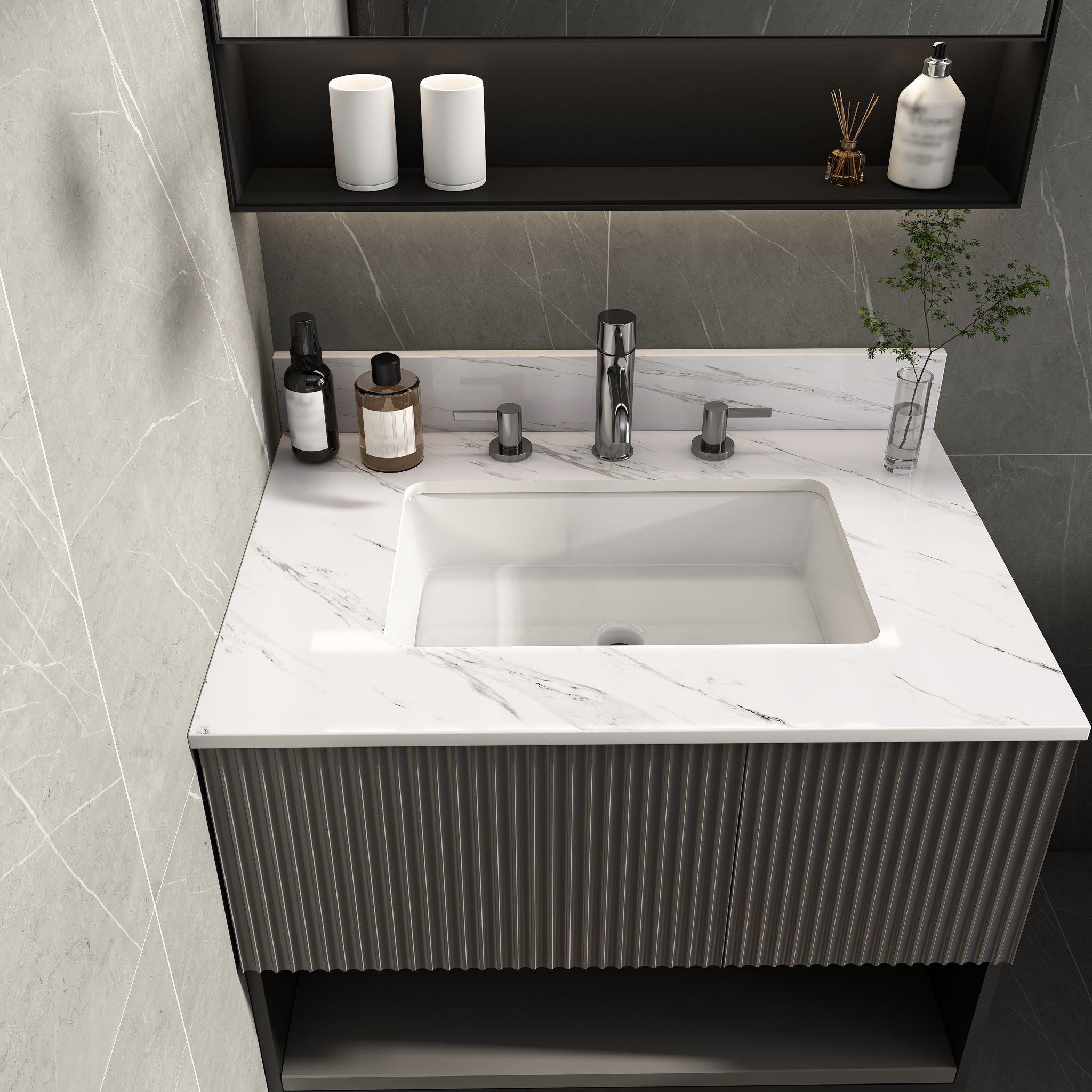 Bianco Carrara Venato Elegant Marble Vanity Top, Bathroom Vanity With Undermount Sink, Sintered Stone