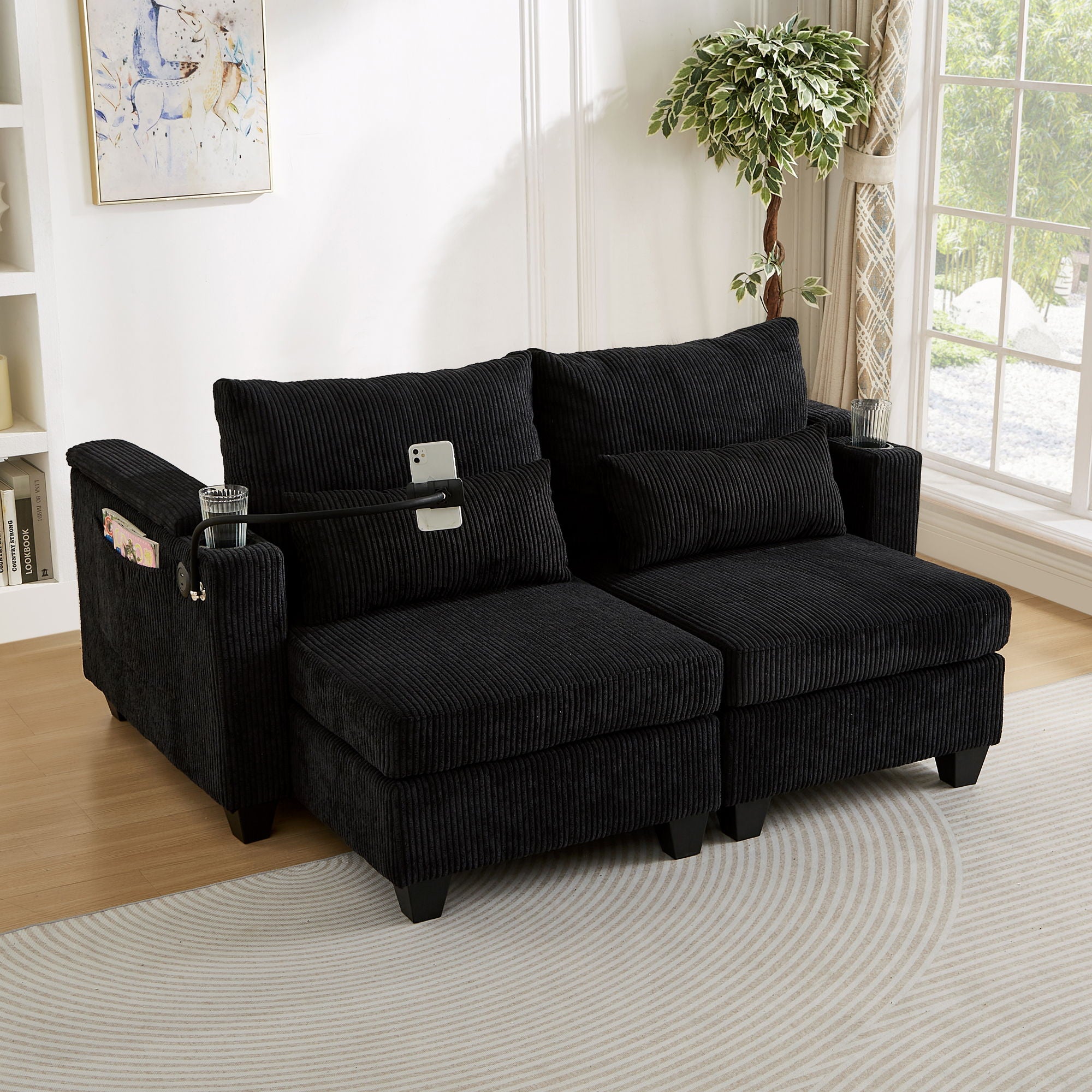 Convertible Chaise Lounge Sofa Chair With USB Ports, Cup Holders, Phone Holder And Storage