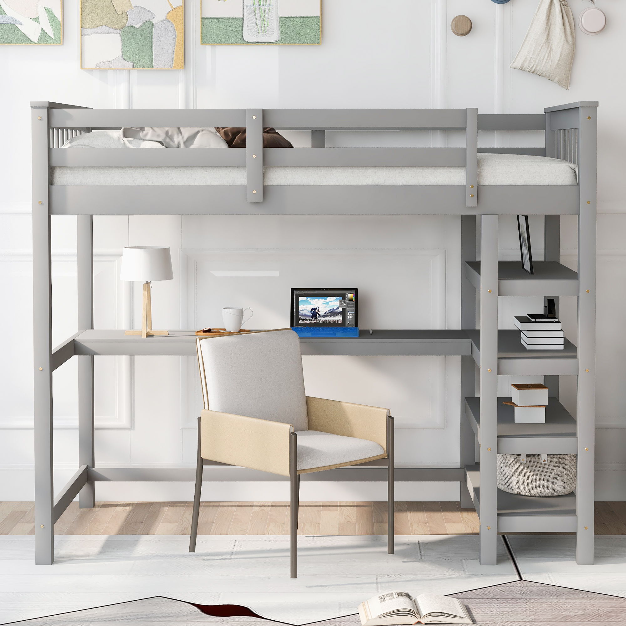 Loft Bed With Storage Shelves And Under Bed Desk