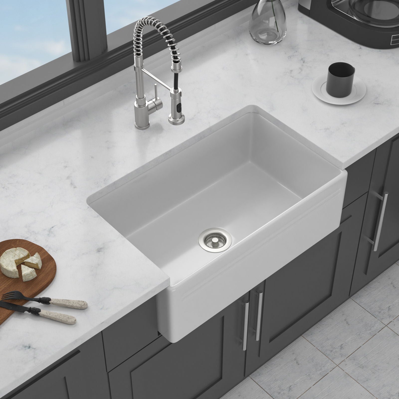 Apron-Front Reversible Single Bowl Kitchen Sink With Accessories - White