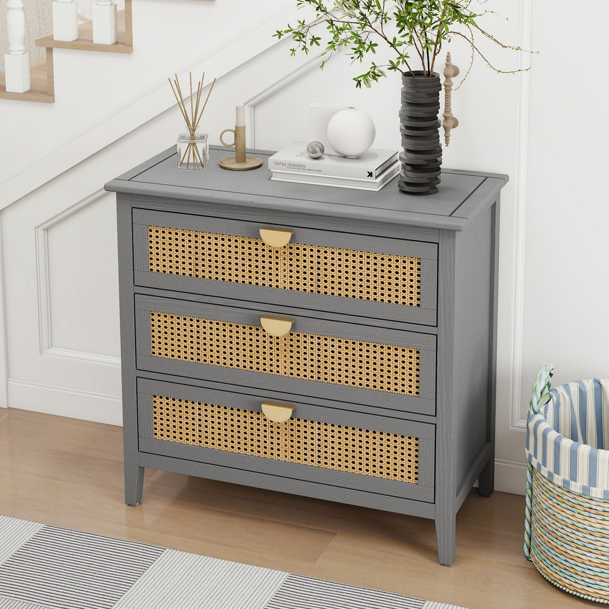 3 Drawer Cabinet, Natural Rattan, American Furniture