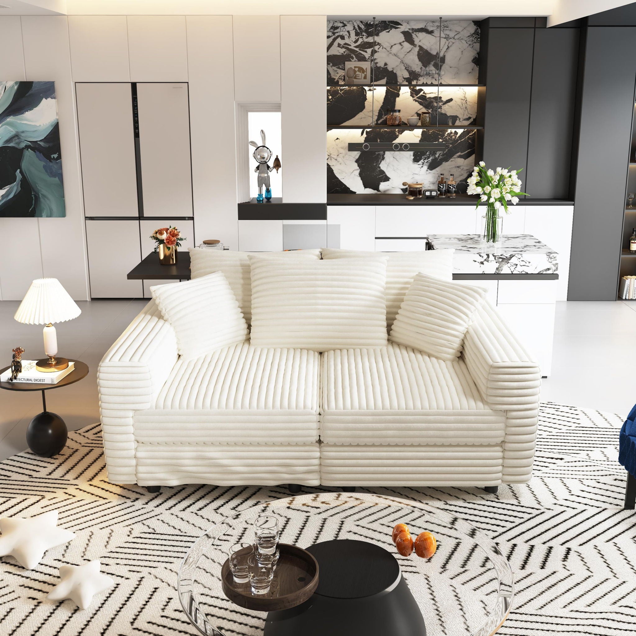 Deep Seat Convertible Sofa With Soft Pillows And Ottomans