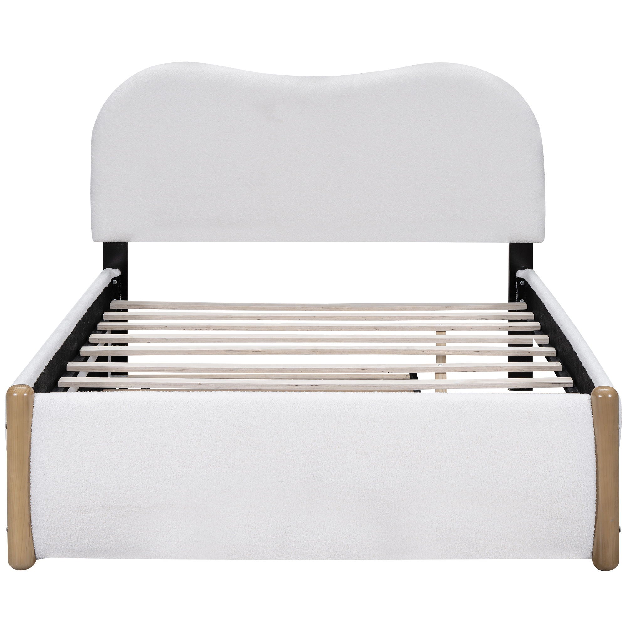 Upholstered Platform Bed With Wood Supporting Feet And Trundle