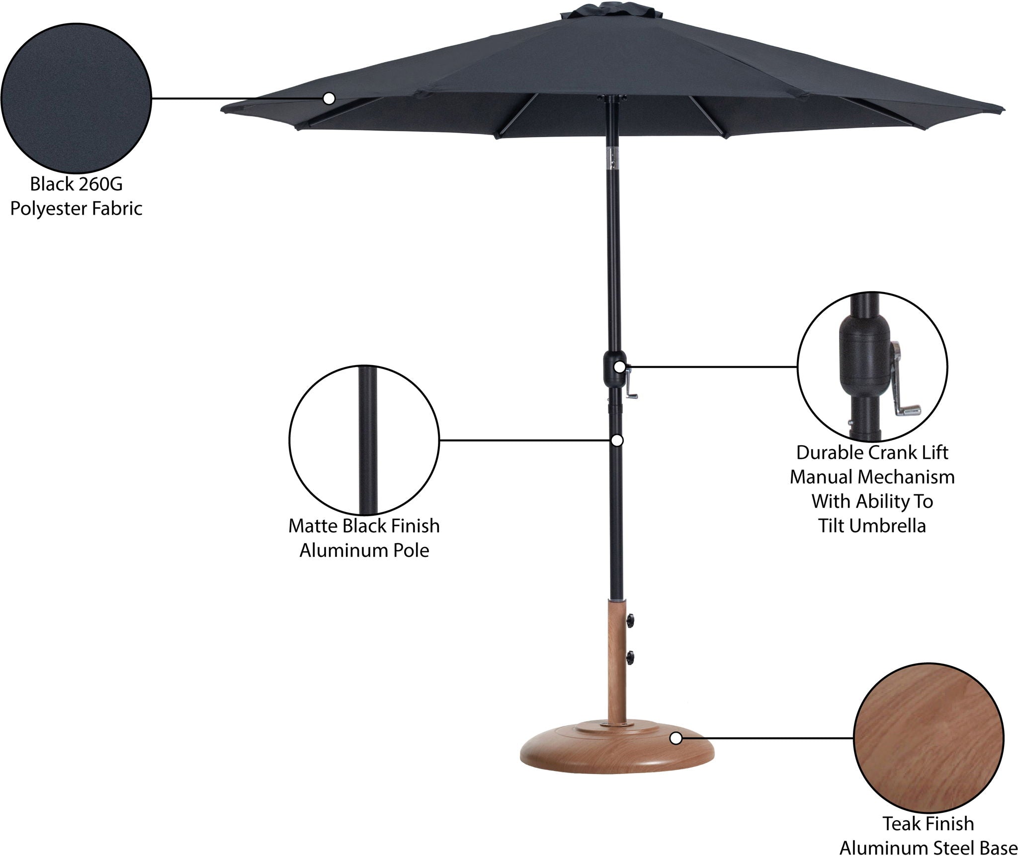 Fiji - Aluminum Patio Umbrella With Round Teak And Black Base