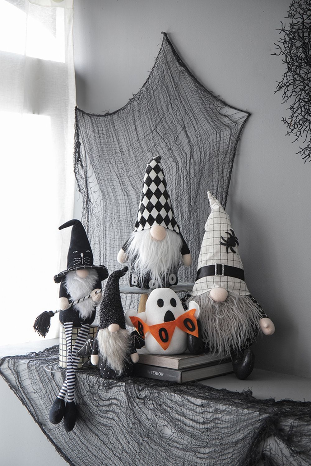 Sitting Gnome With Broomstick & Long Legs, For Halloween Decor - Black White
