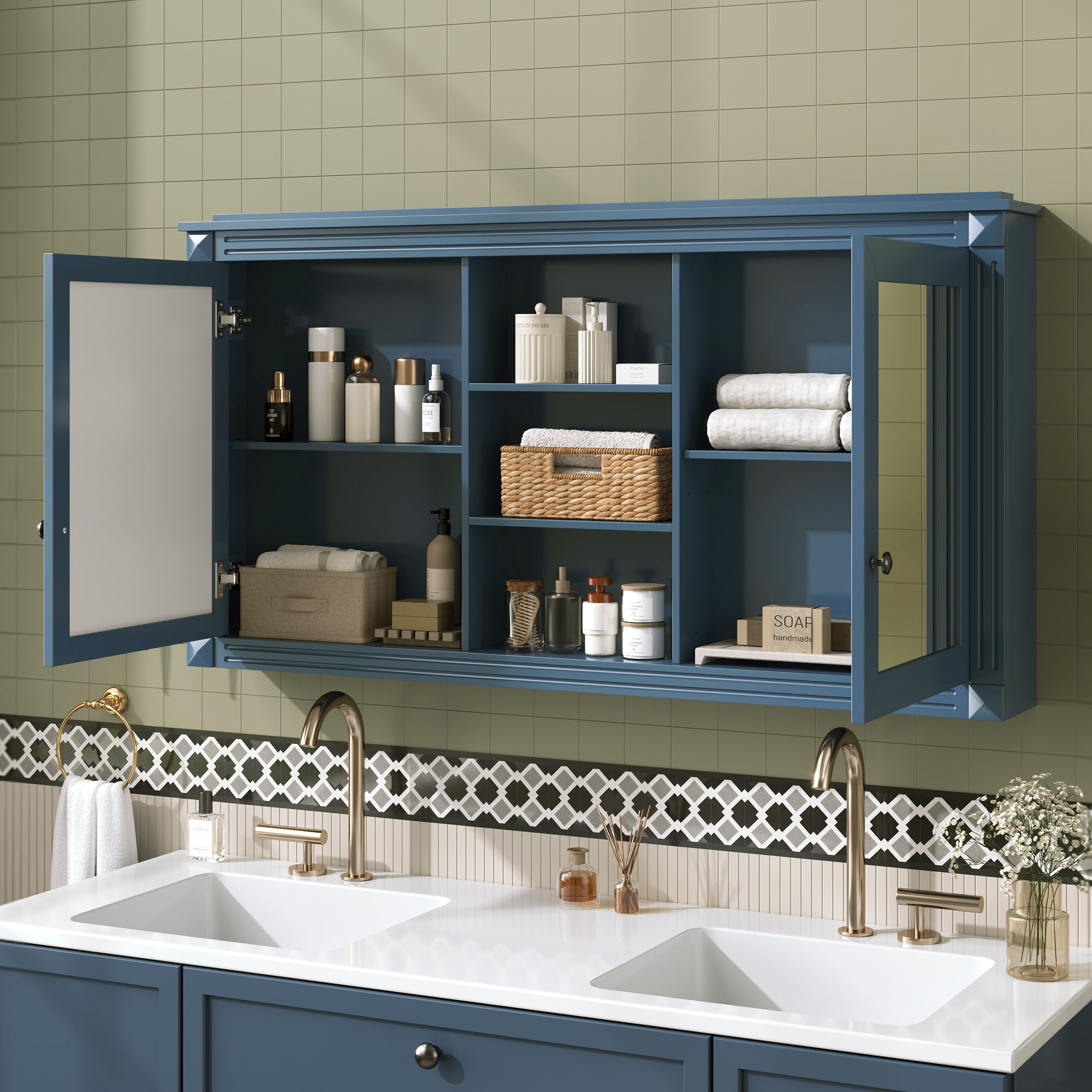 Modern Wall-Mount 2 In 1 Mirror Cabinet With Adjustable Shelves, Soft-Closing Hinges