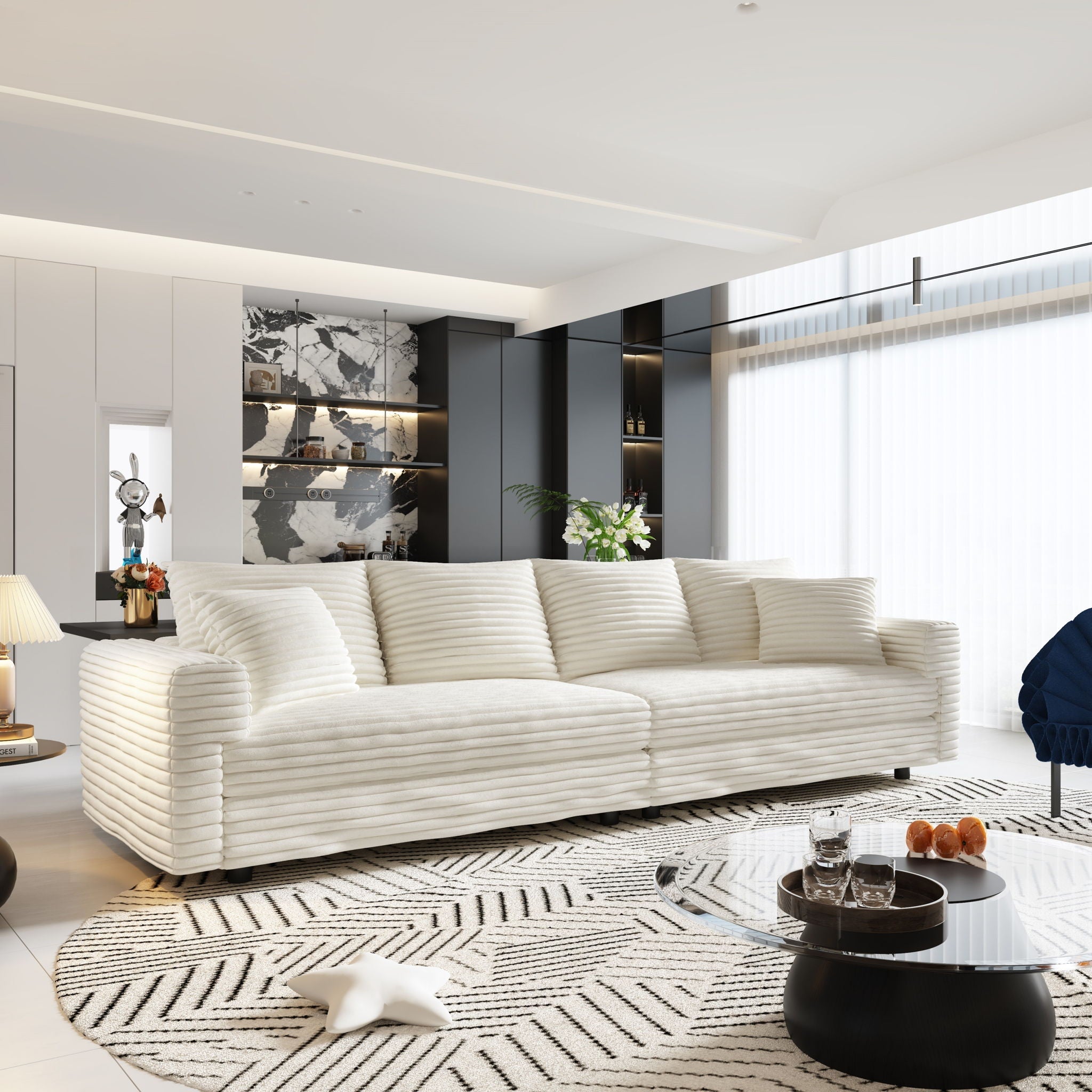 4 Seat Sofa With Soft Pillows And Movable Ottoman