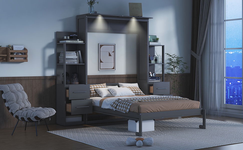 Murphy Wall Bed With LED Lights, Shelves And Drawers