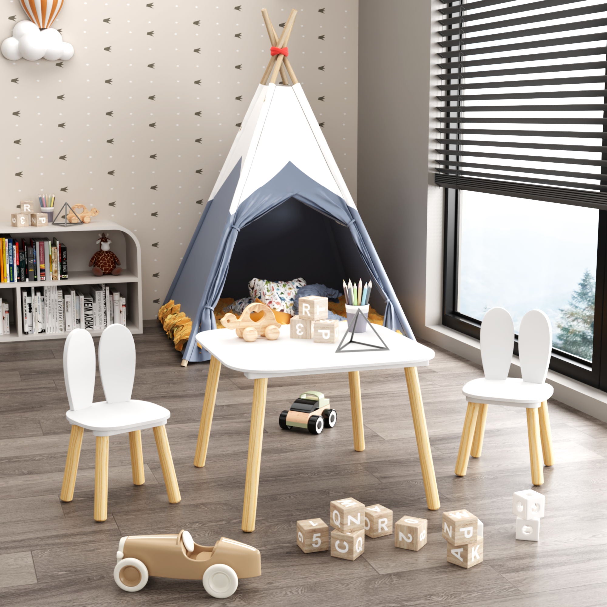 Rabbit Themed Table And 2 Chairs Set - White