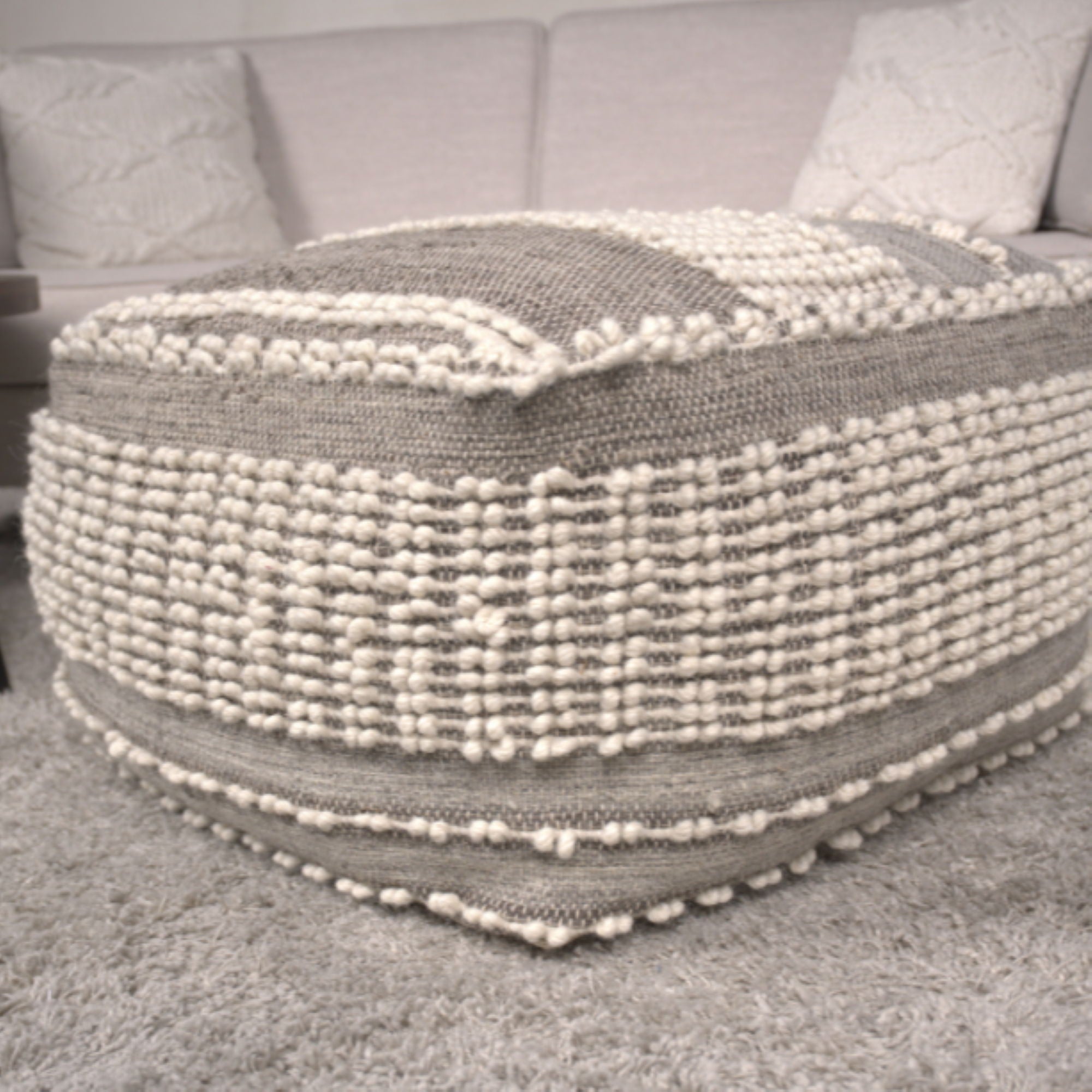 Rustic Wool And Cotton Large Pouf, Handcrafted Tufted Design - Brown / Beige
