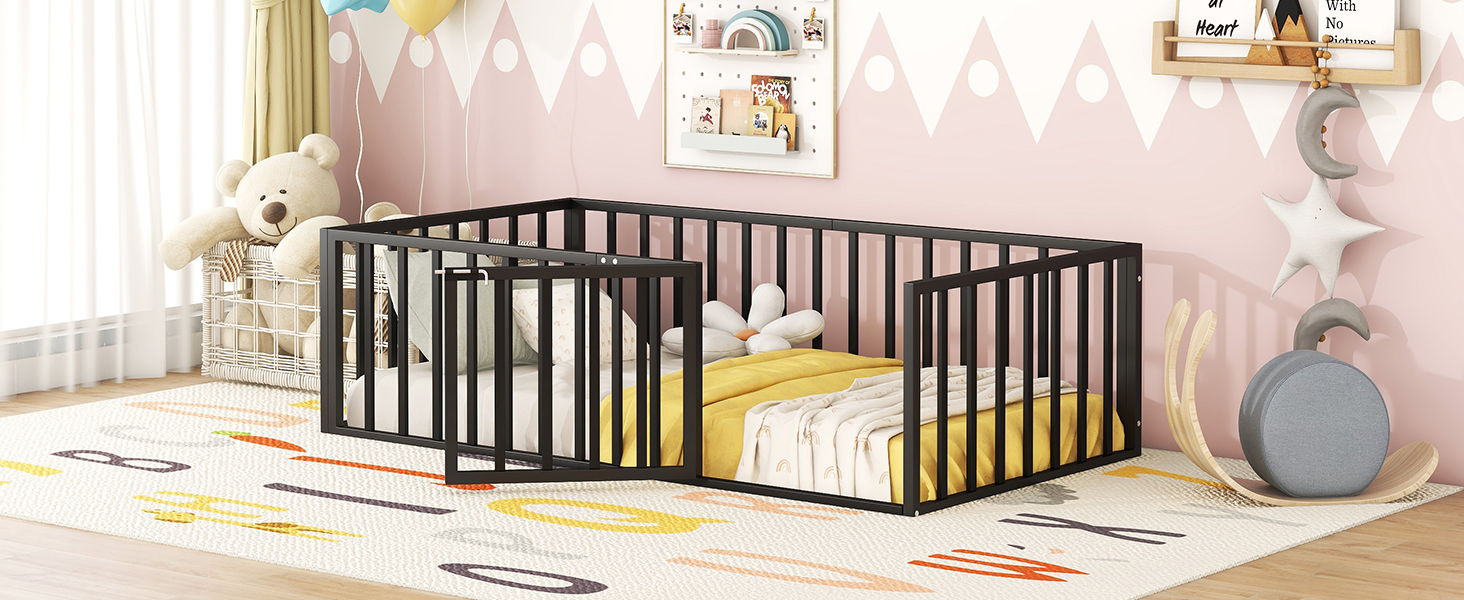 Metal Floor Bed Frame With Fence And Door