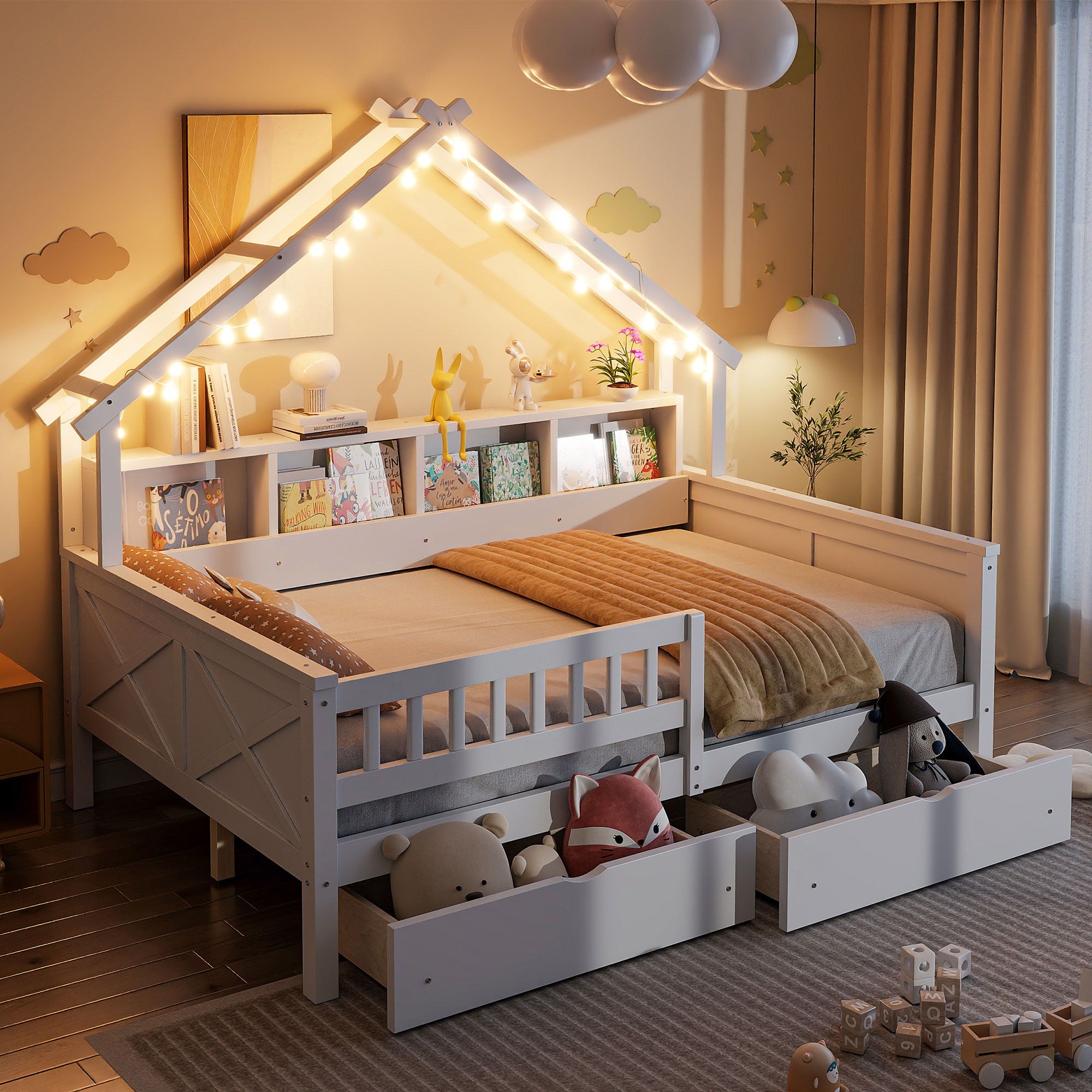 House Style Platform Bed With LED Lights, Storage Shelves, Drawers, And Guardrail