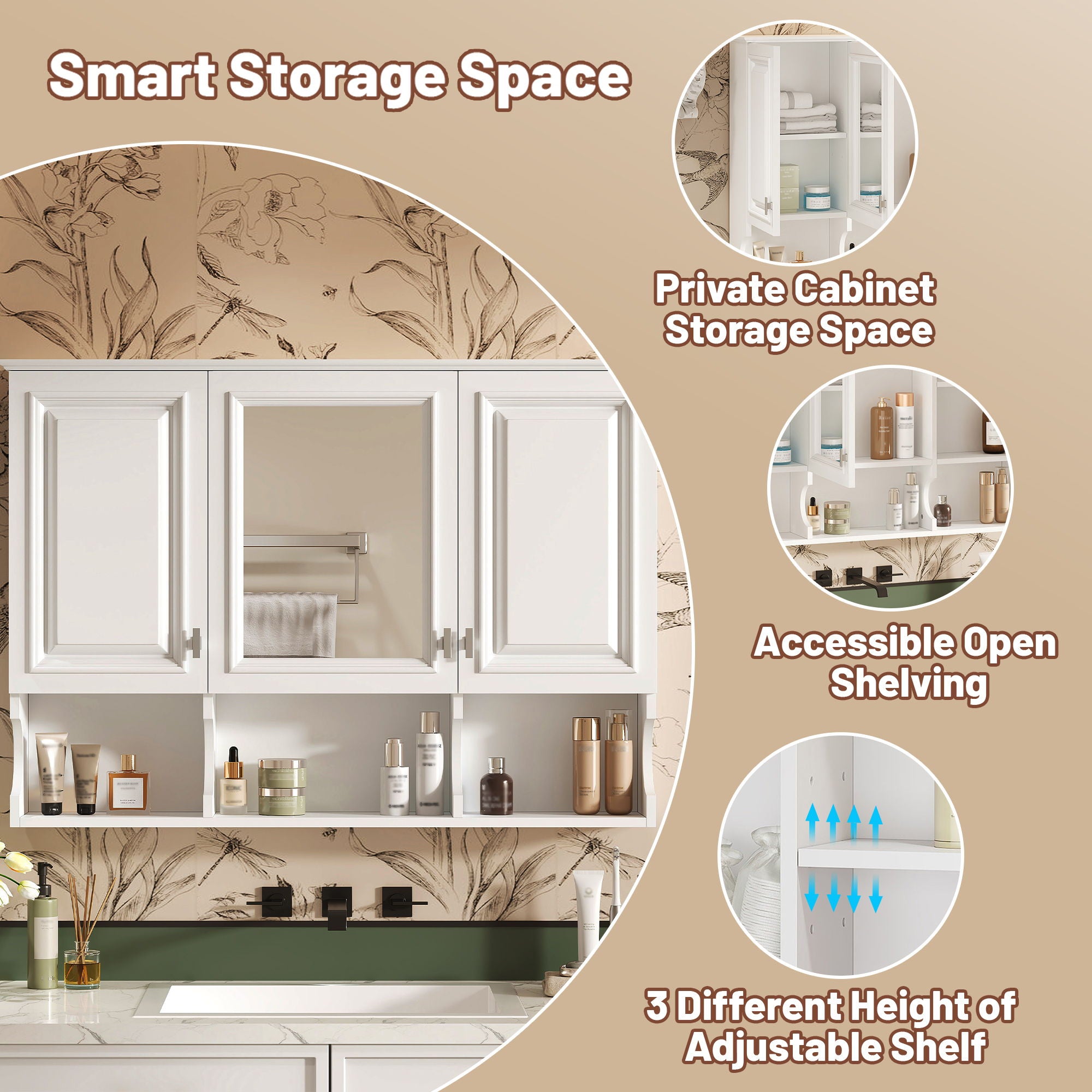 Modern Wall Mounted Mirror Medicine Cabinet With Open Shelves, Adjustable Interior, Storage Over Toilet