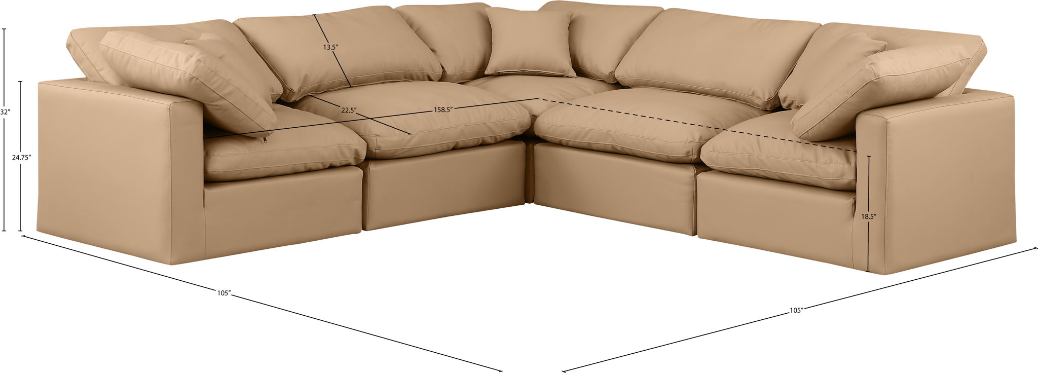 Indulge - Faux Leather 5 Piece Modular Corner Sectional - Tan