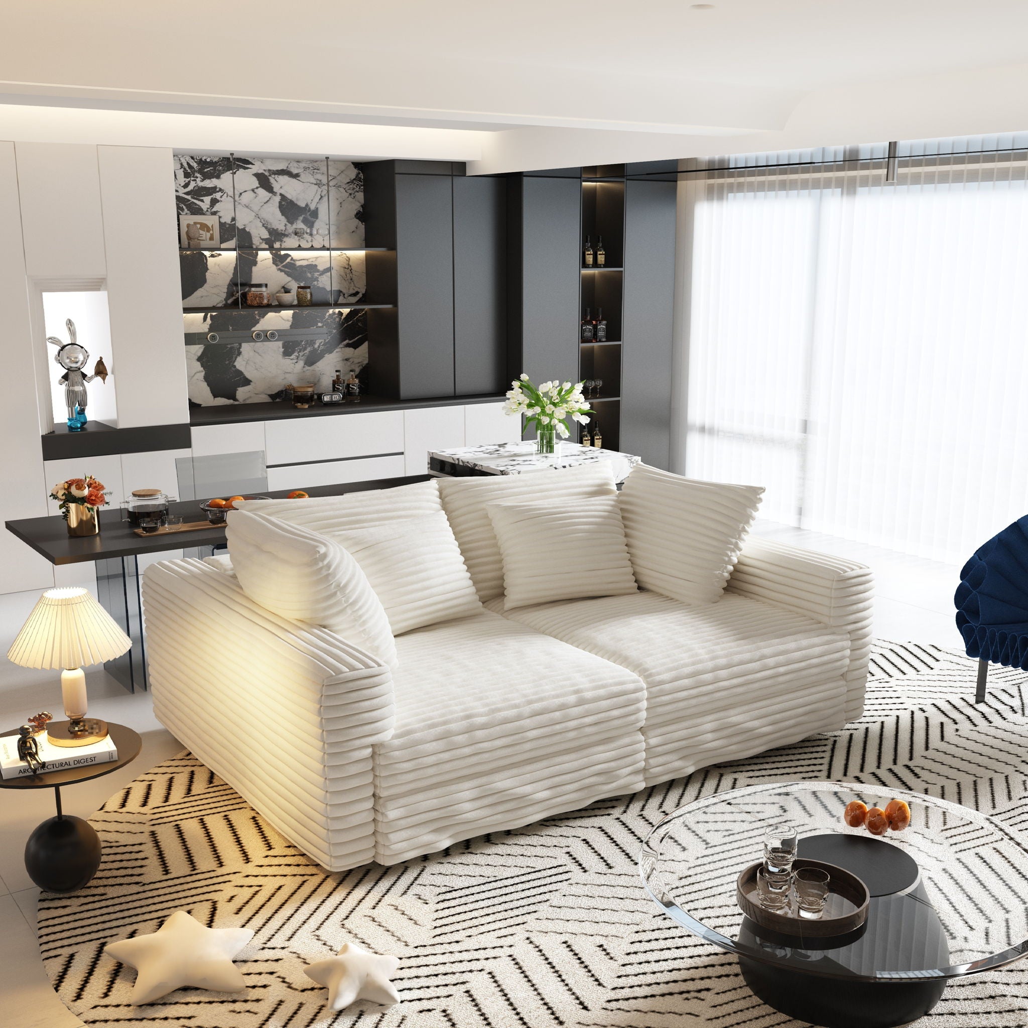 Deep Seat Convertible Sofa With Soft Pillows And Ottomans