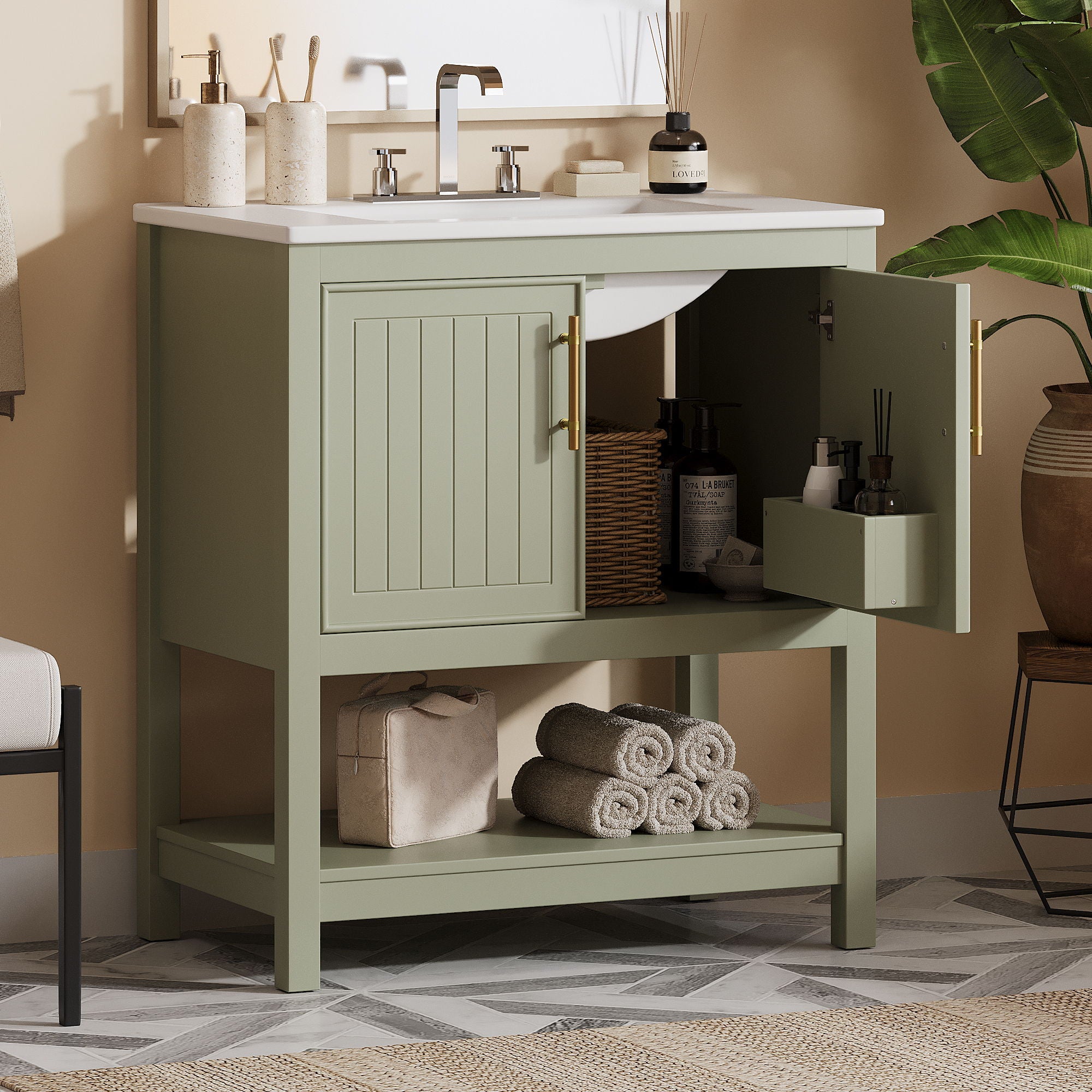 Elegant Bathroom Vanity With Ceramic Sink And Versatile Storage