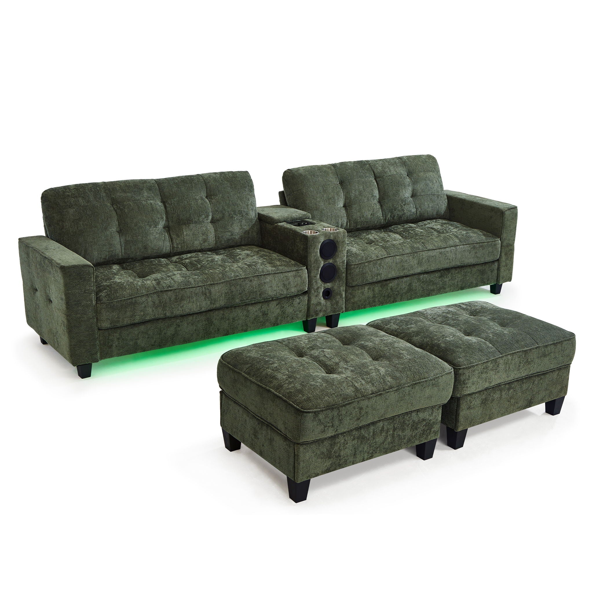 Modern Sectional Sofa U-Shaped With Movable Ottomans, tooth Speakers, LED Lights And Modular Storage