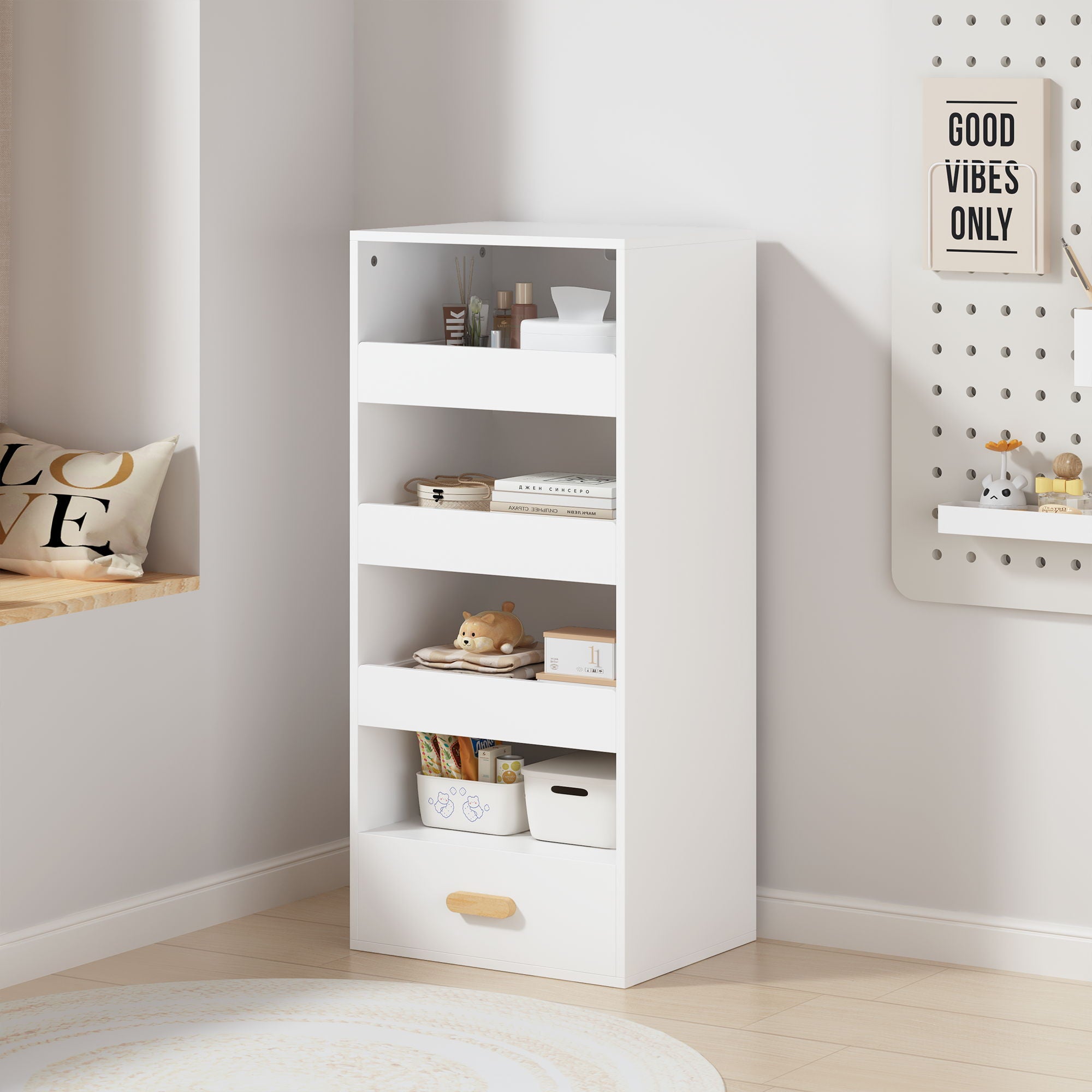 4 Tier Freestanding Bookshelf With 3 Sliding Drawers And 1 Bottom Drawer - White