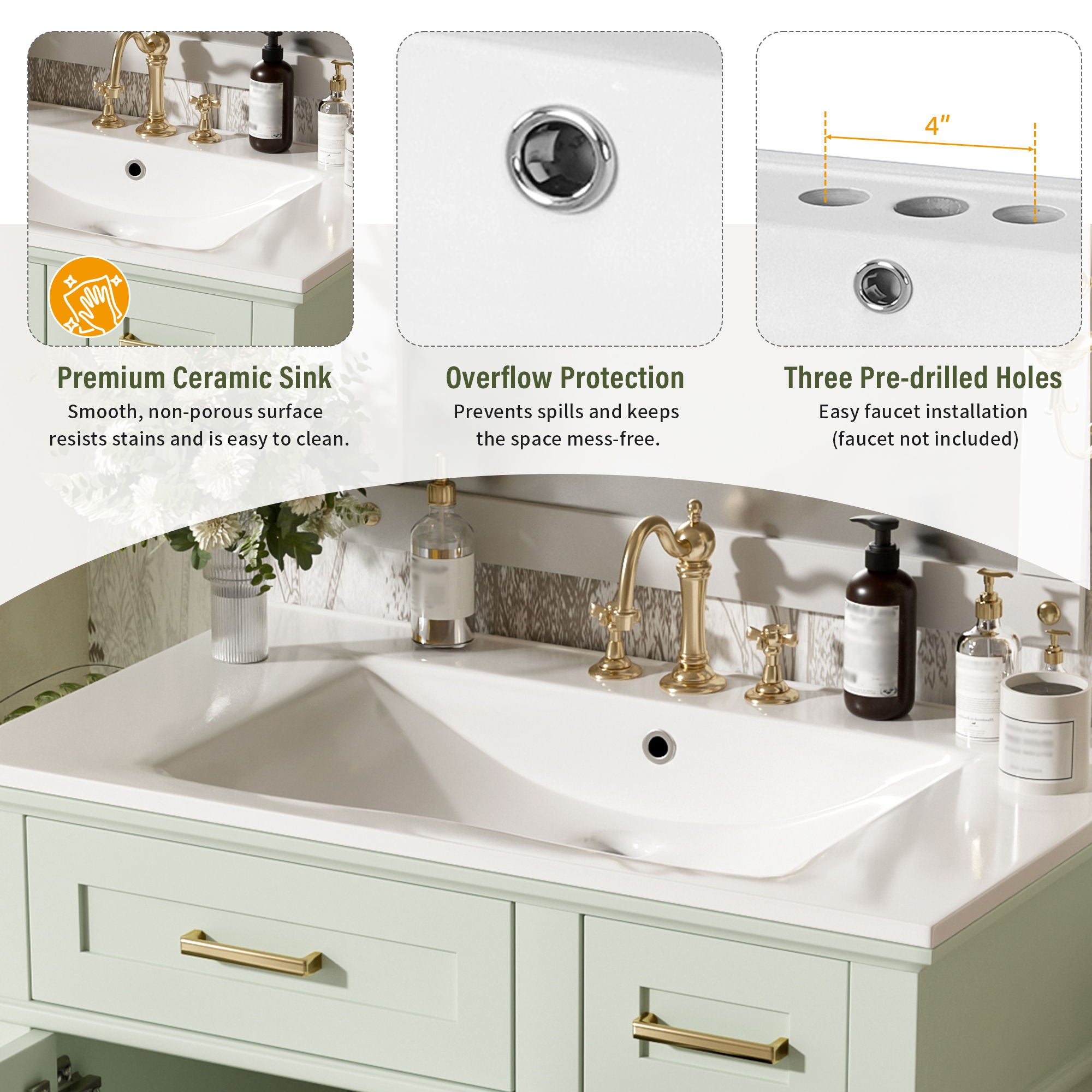 Modern Bathroom Vanity With Ceramic Sink, Soft Close Storage Cabinet