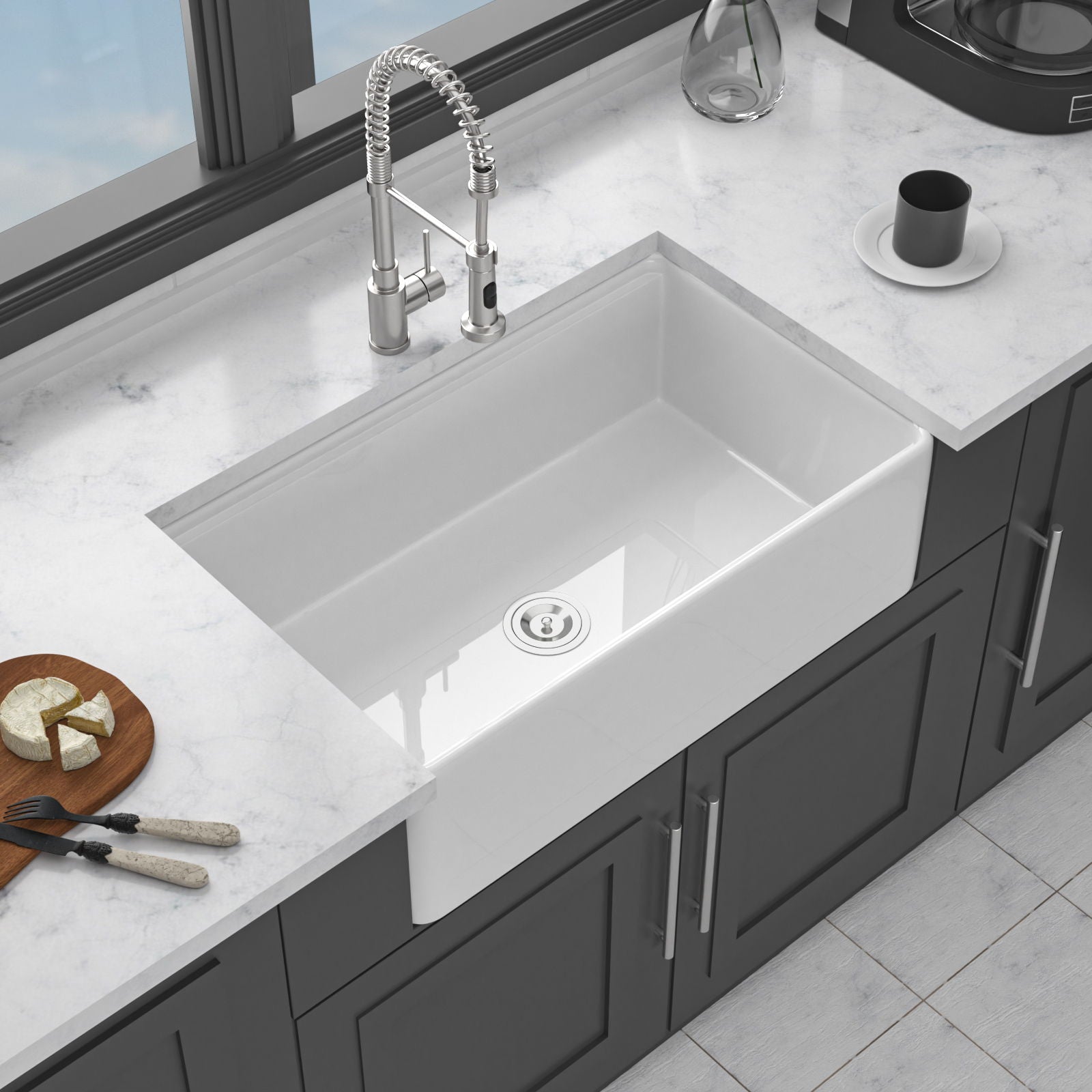 Kitchen Sink Workstation 33" Single Bowl Sink With Work Surface - White