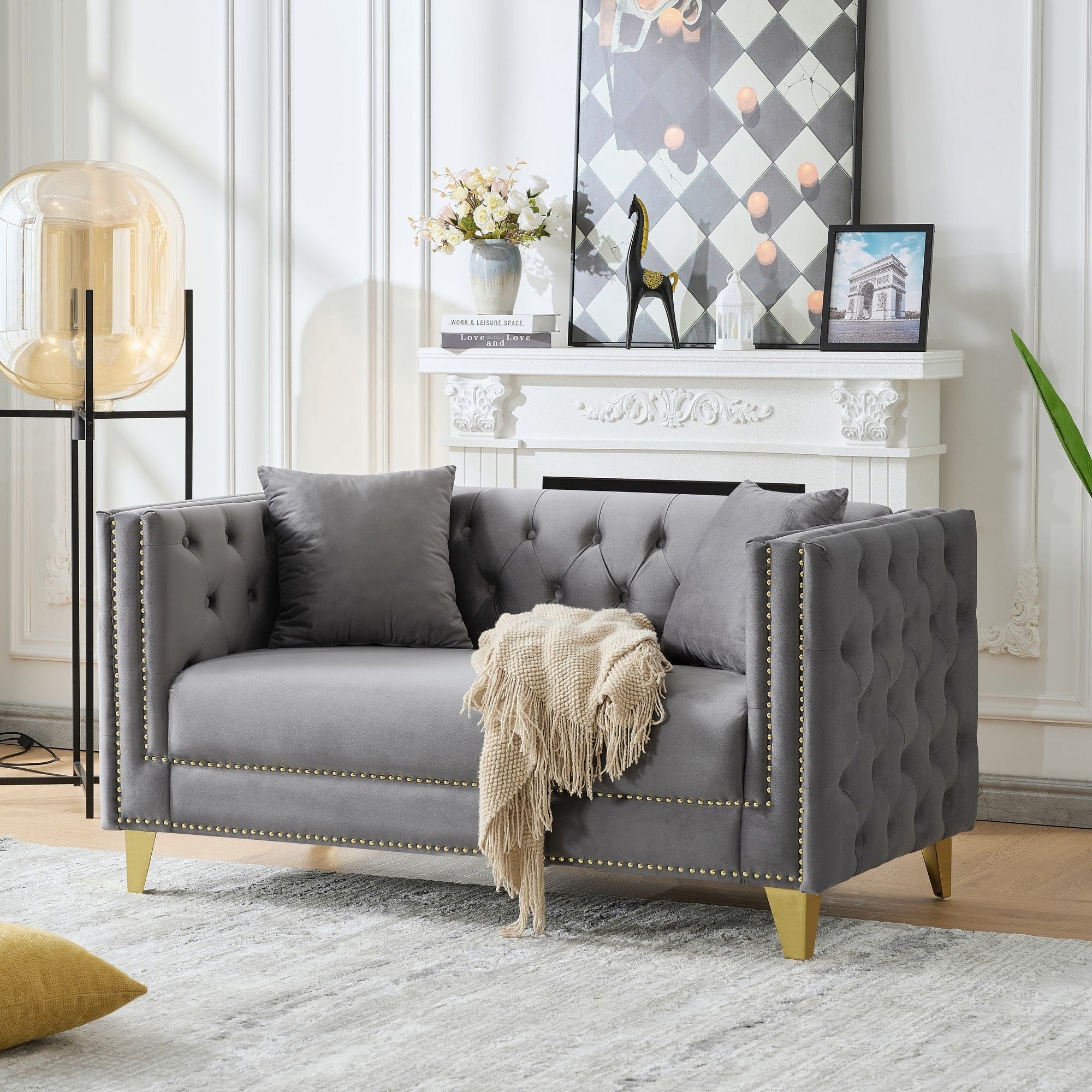2 Seater Deep Seat Sofa With Button Nailhead, Square Arm