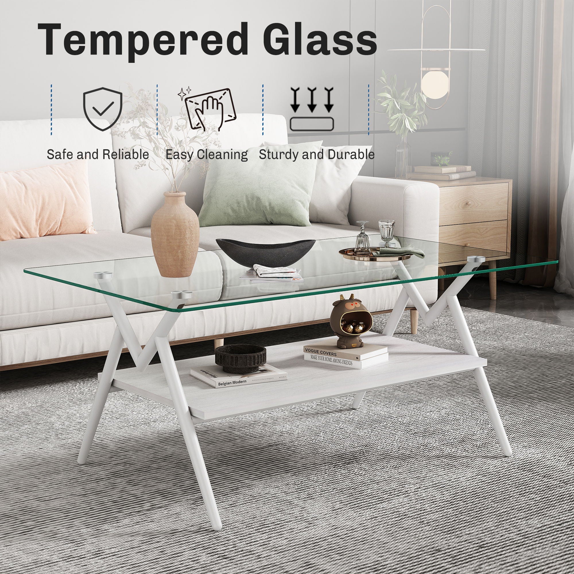 Rectangle Coffee Table With Tempered Glass Top And Shelf