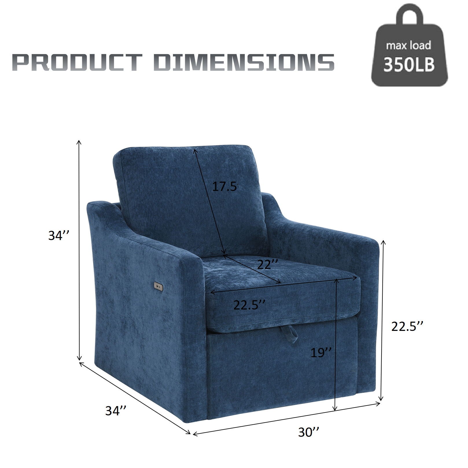 Swivel Arm Chair With USB Type-C Charging And Book Pocket