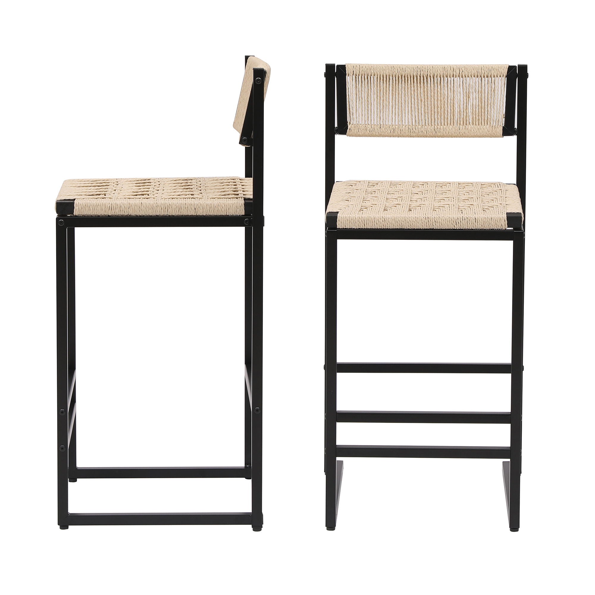 Style B, Woven Bar Stools With Backrest, Paper Rope Weave Dining Chairs For Kitchen Island - Creamy White