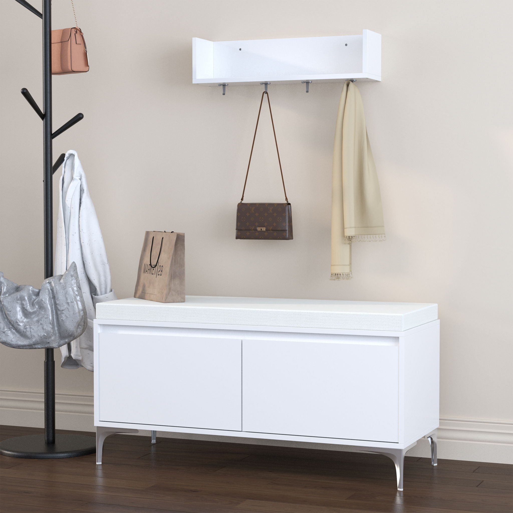Wall Mounted Entryway Shelf With Hooks And Storage Bench Set - Off White