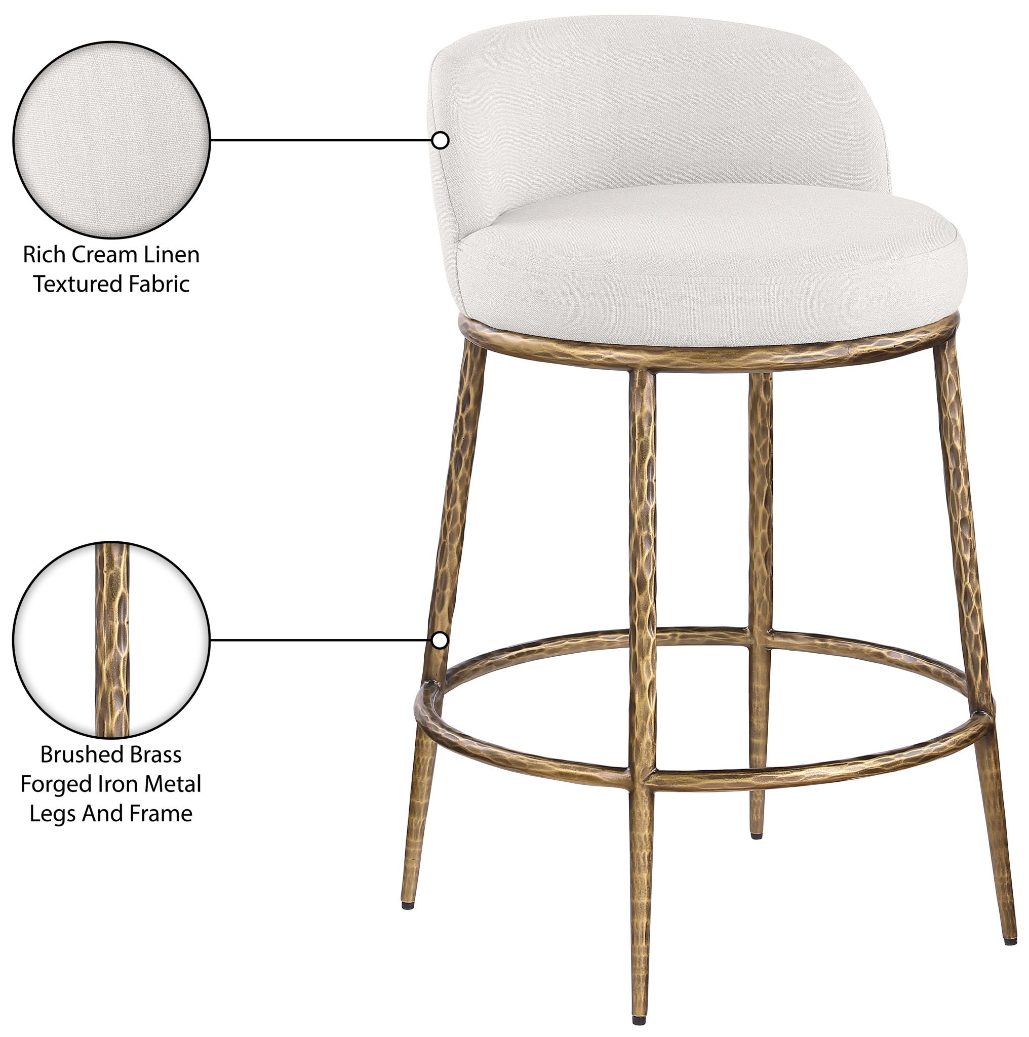Ferro - Linen Textured Performance Fabric Upholstered Counter Stool - Cream / Brushed Gold