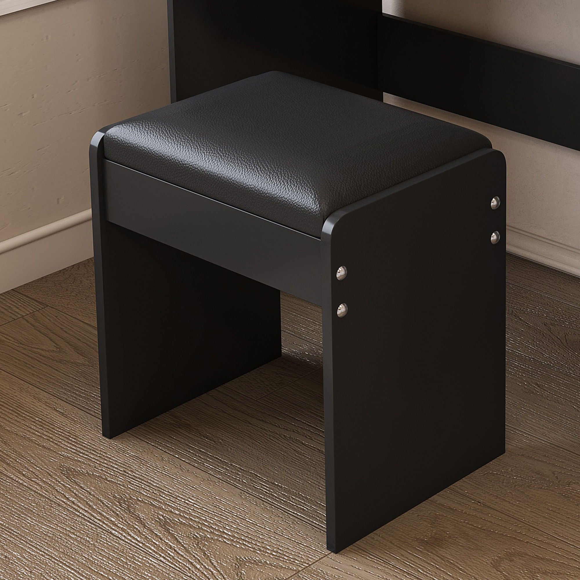 Modern Makeup Vanity Set With Power Outlet, Hair Dryer Holder, And Adjustable Lighting
