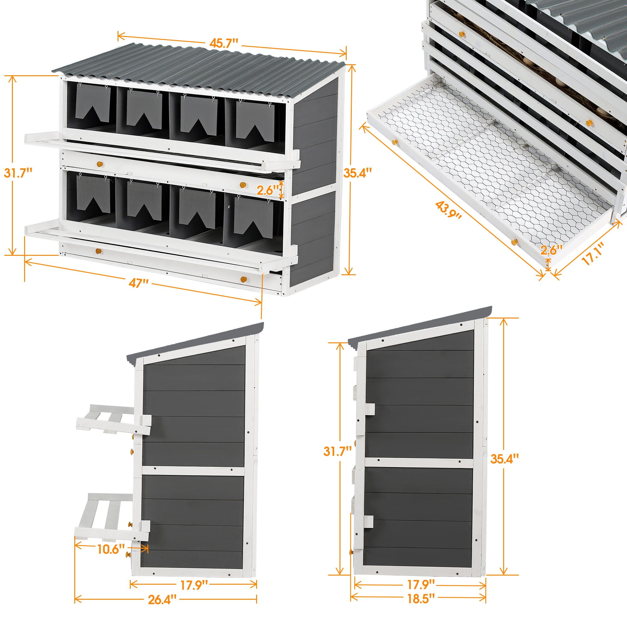 Wooden Chicken Nesting Box With 2 Egg Collection Drawers - White / Gray