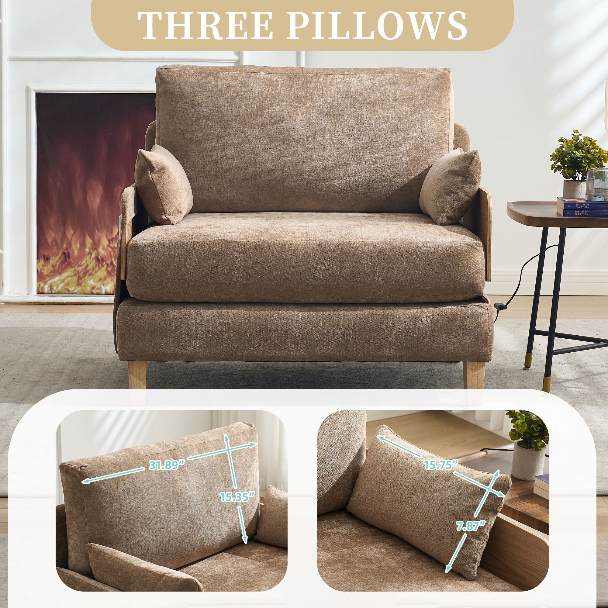 Mid Century Modern Foldable Sofa Bed, 3 In 1 Convertible Sleeper With 3 Pillows
