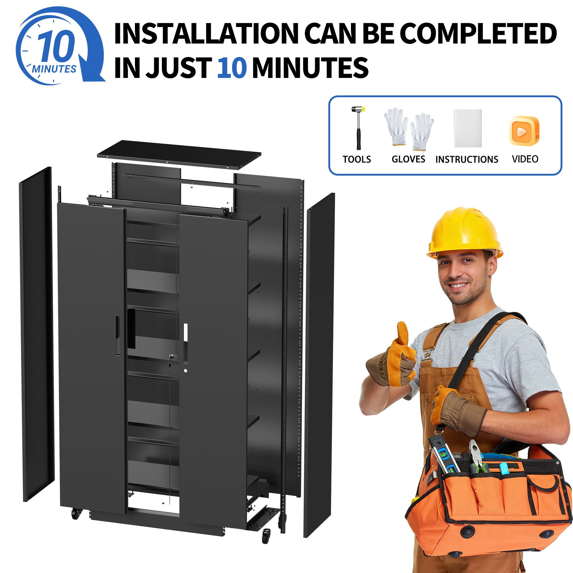 Storage Cabinet With Wheels And Lock, 4 Adjustable Shelves, 3 Point Locking Security, For Tool Organization In Garage - Black
