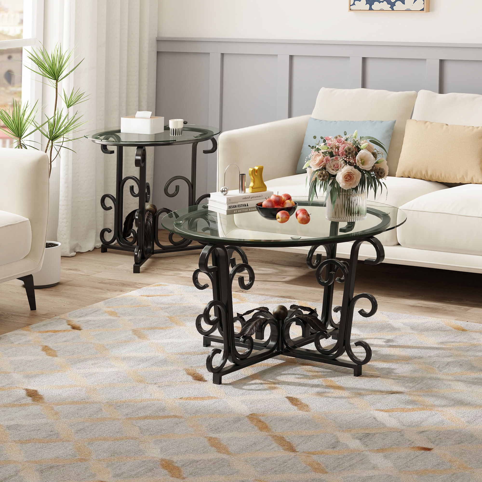 3 Piece Coffee Table Set With Tempered Glass Surface - Black