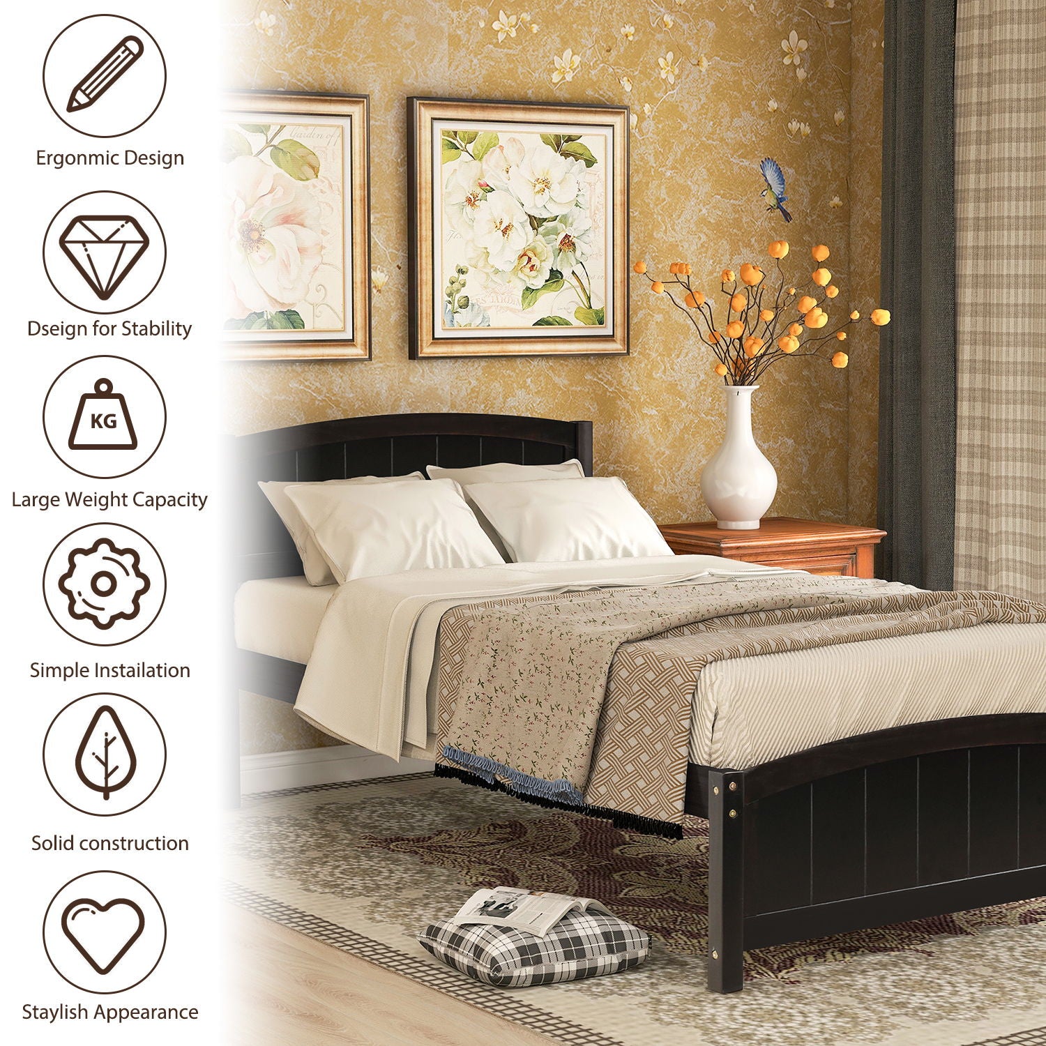 Platform Bed & Headboard, Footboard And Wood Slat Support