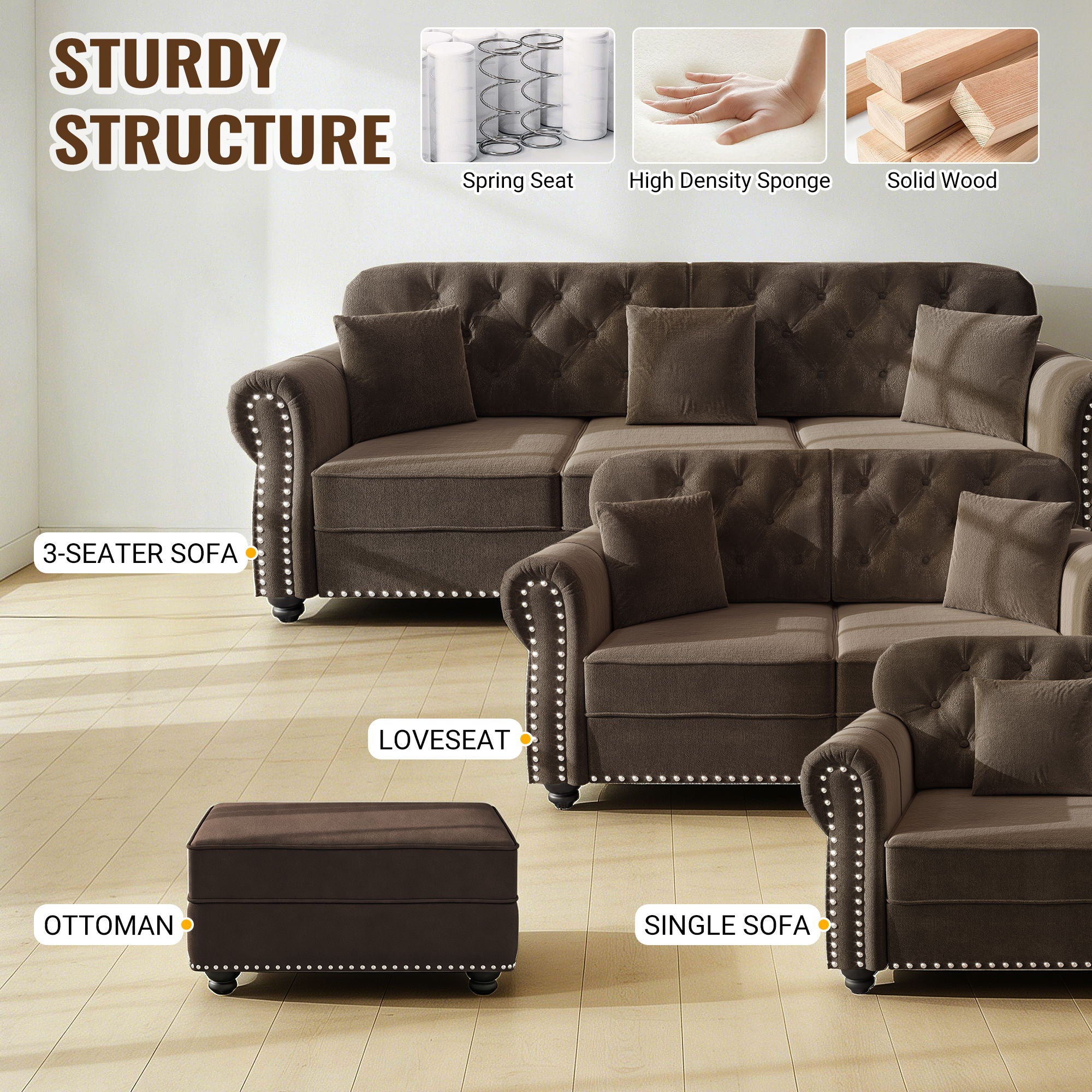 Upholstered 3 Seater Sofa Set With Ottoman