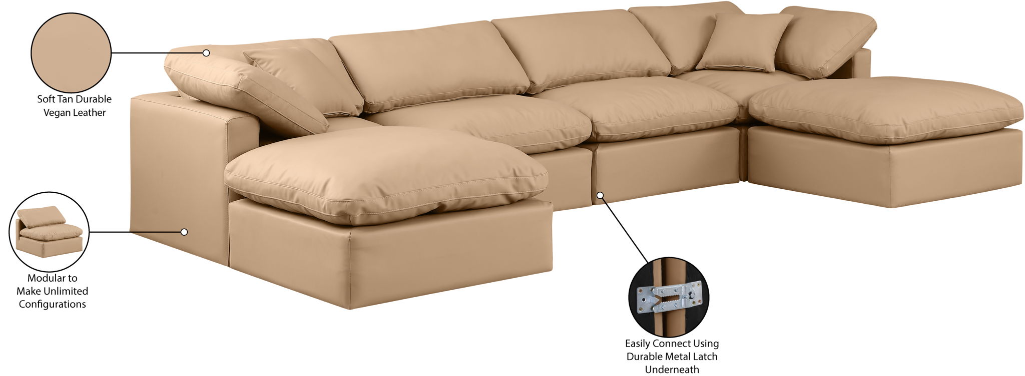 Indulge - Faux Leather 6 Piece Modular Double Chaise Sectional - Tan