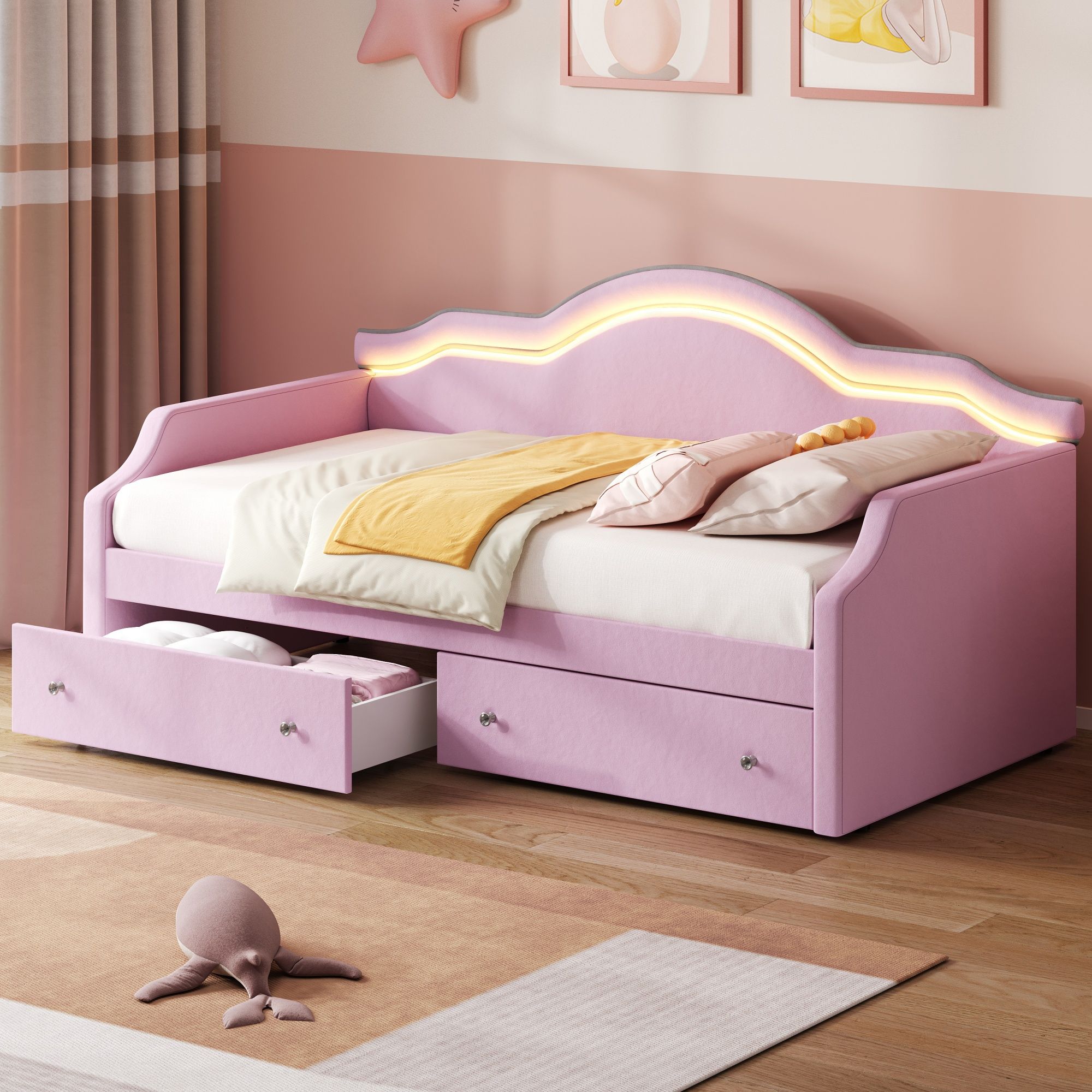 Upholstered Daybed With LED Lights And 2 Drawersme