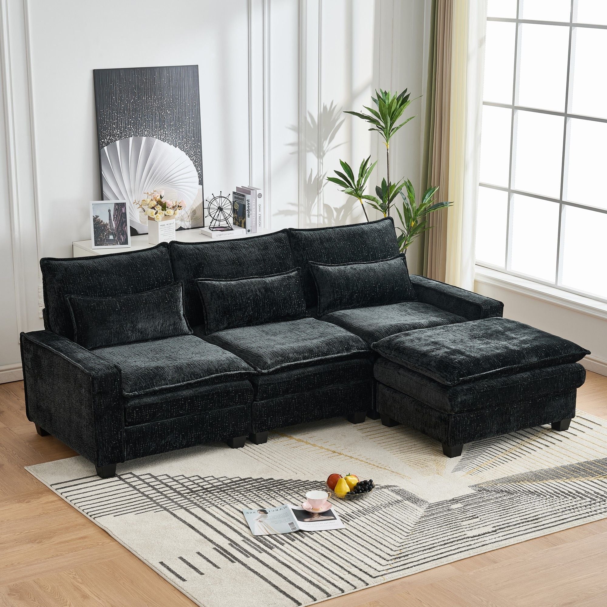 Modern Comfy L Shaped Sectional Sofa With Movable Ottoman