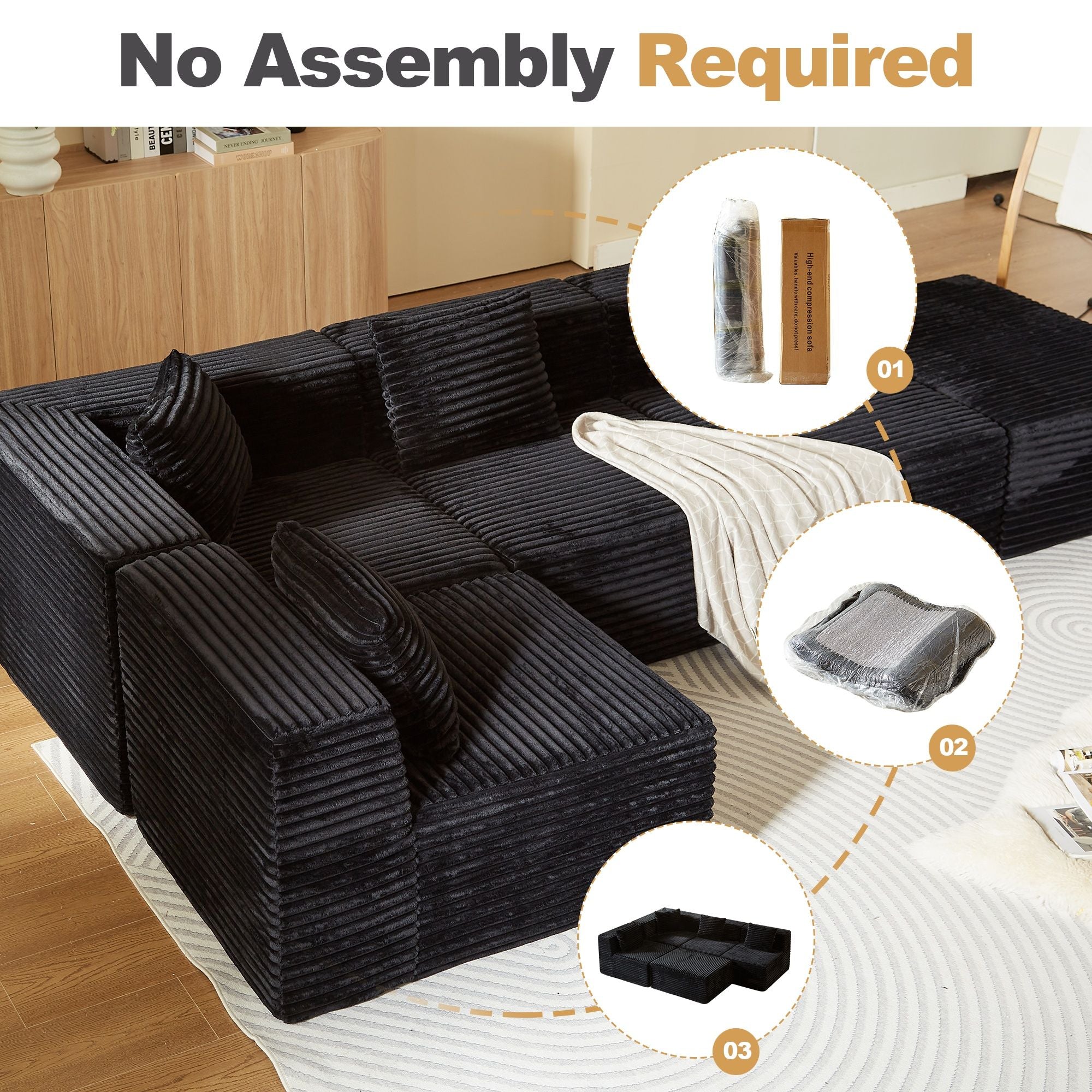 Modular Sectional Couches For Living Room With Deep Seat, L Shape Cloud Sofa Couch, High Density Memory Foam, Boneless Upholstered Couchesy - Black