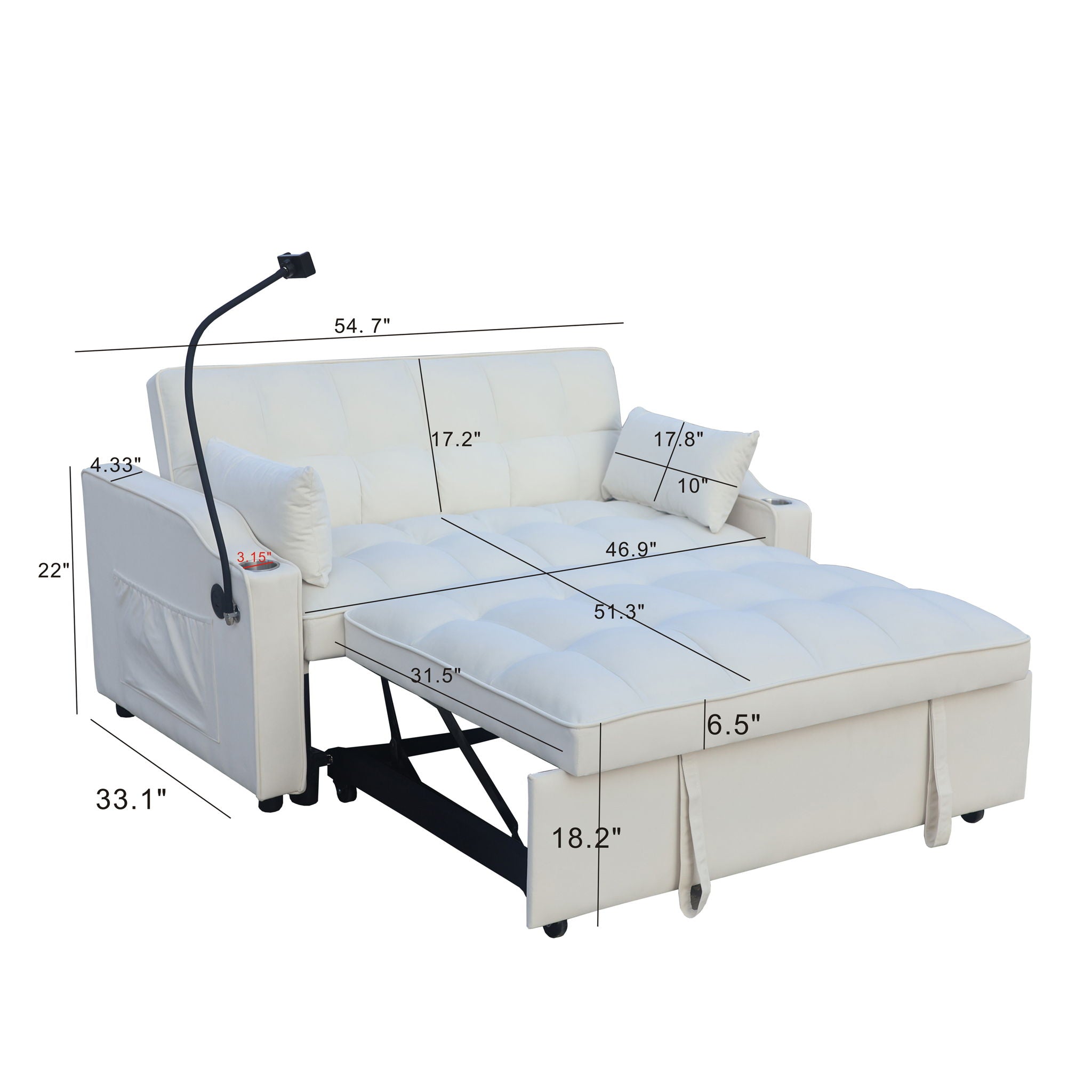 Modern Loveseat Futon Sofa With Pullout Bed, Adjustable Reclining Backrest, Toss Pillows