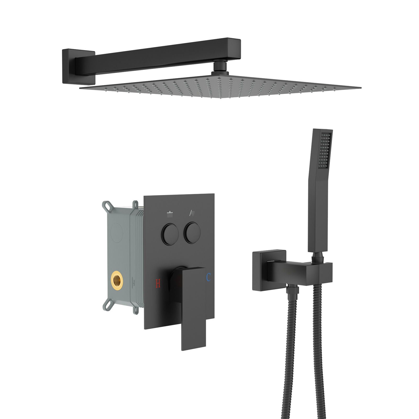 Dual Shower Head System With Square Rain Shower And Rough In Valve