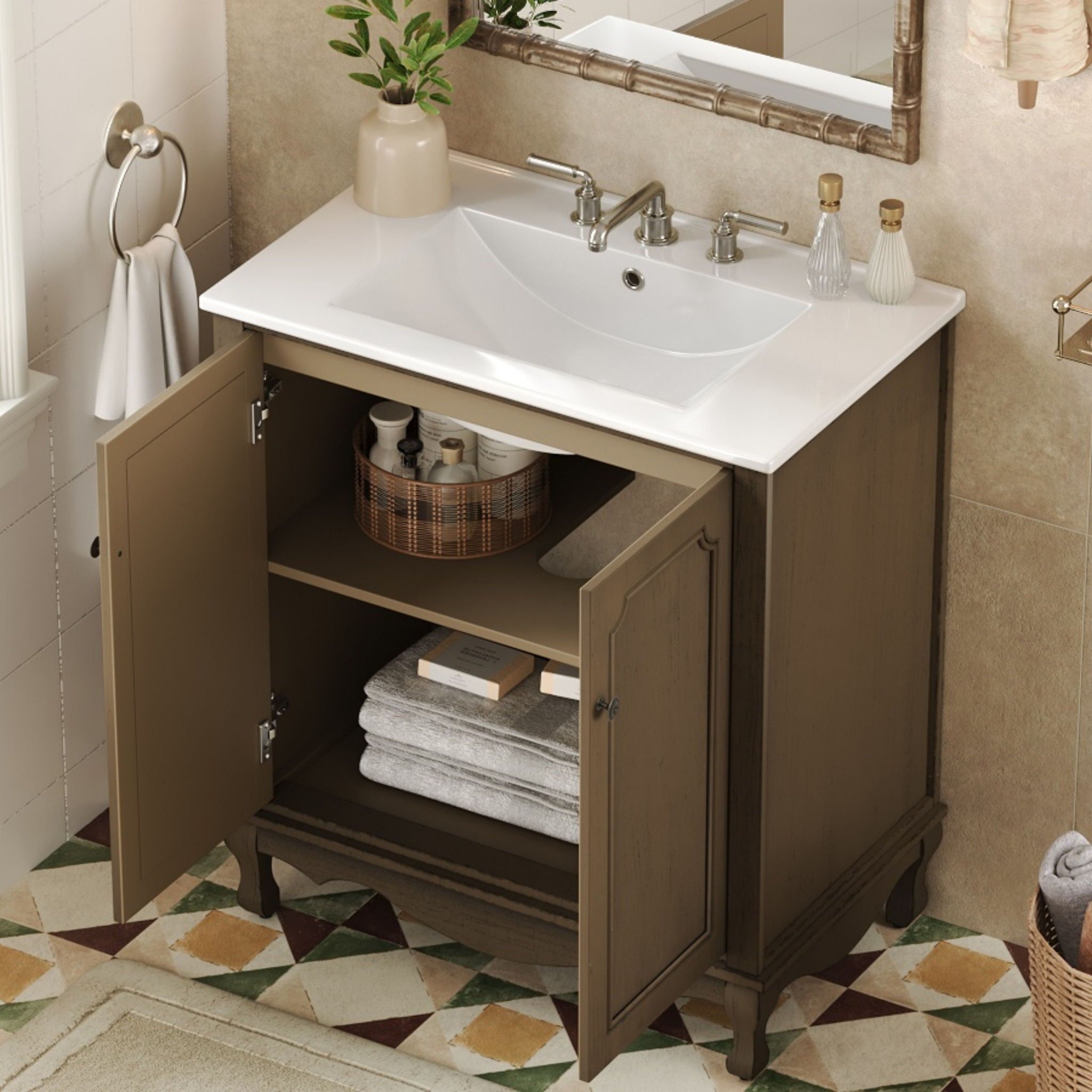 Vintage Bathroom Vanity With Ceramic Sink, Adjustable Shelves
