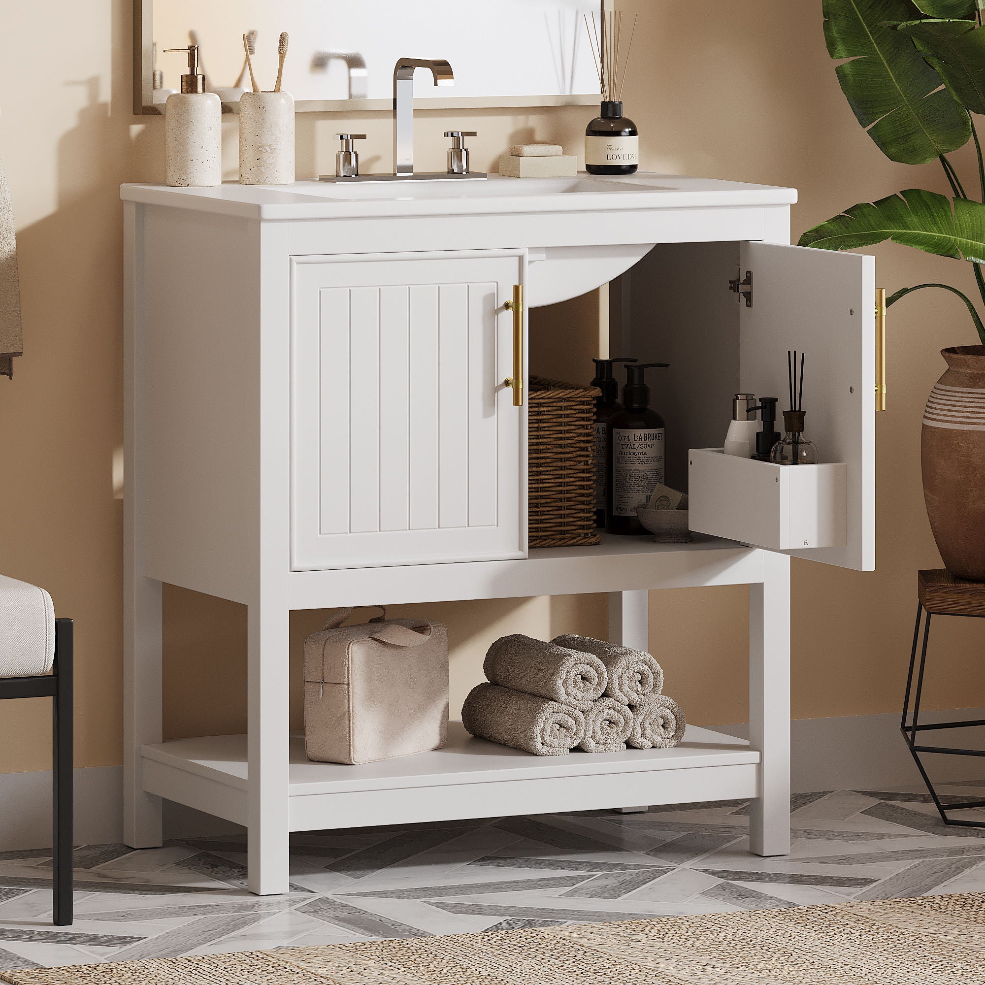 Elegant Bathroom Vanity With Ceramic Sink And Versatile Storage