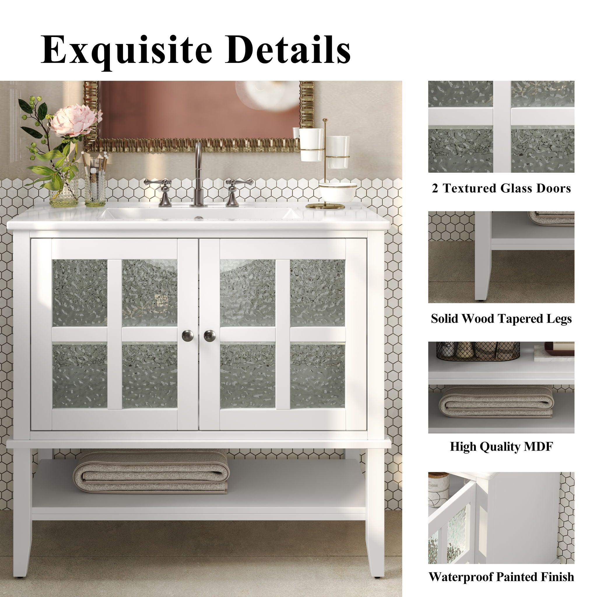 Bathroom Vanity With Ceramic Sink, Adjustable & Open Shelf