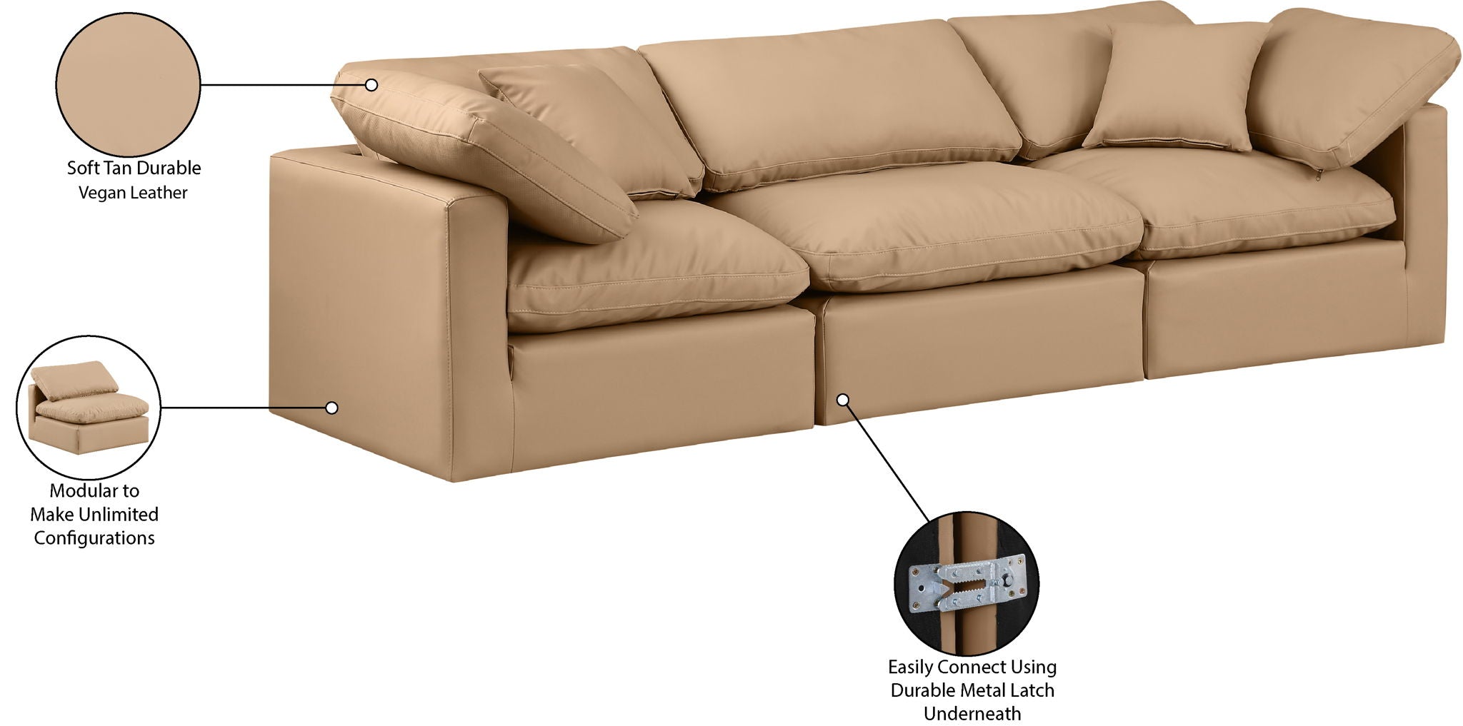 Indulge - Faux Leather 3 Piece Modular Sofa - Tan