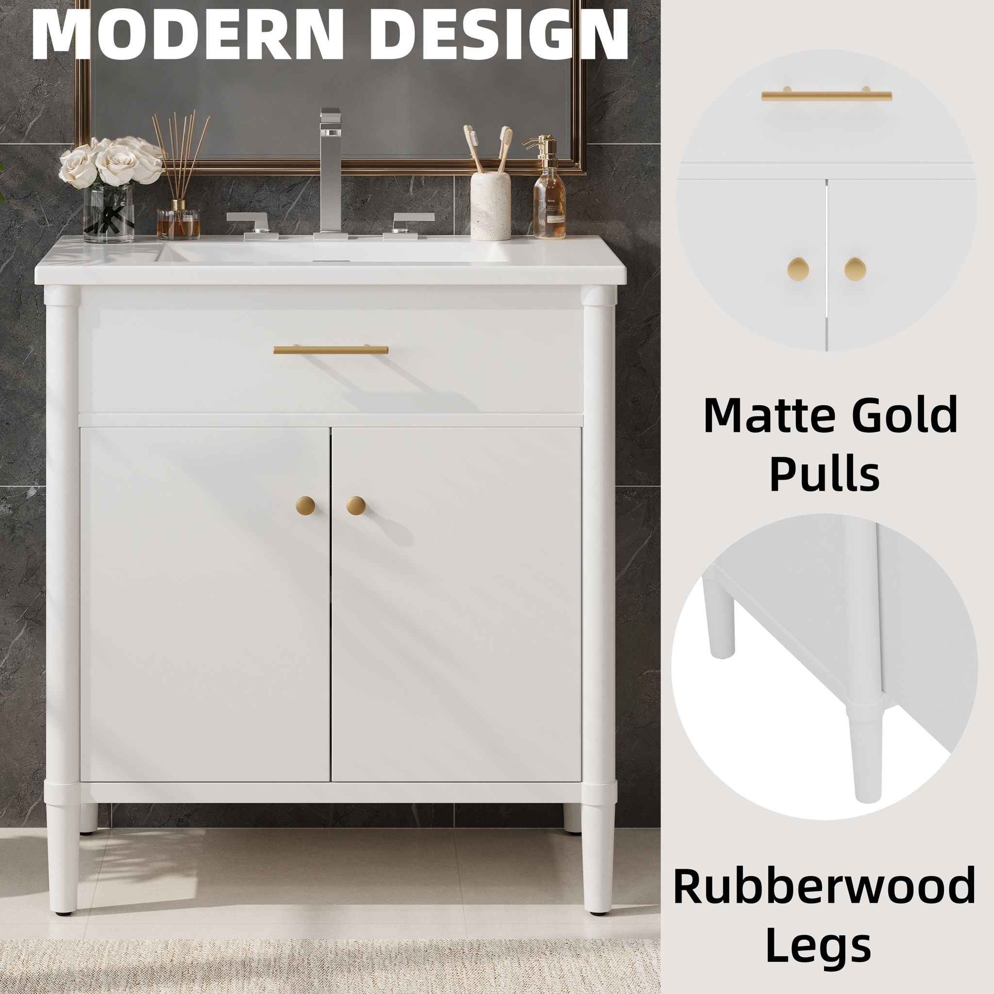 Bathroom Vanity With Sink, Soft Close Doors And Adjustable Shelf
