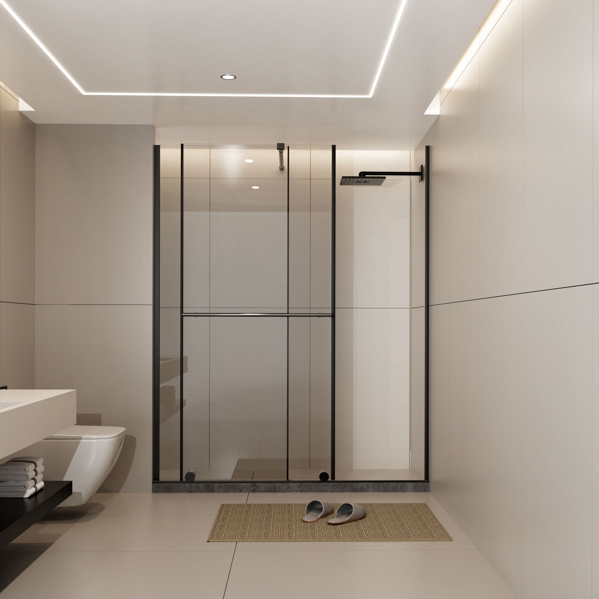 Glass Shower Door, Shower Sliding Door Walk In Shower Screen Dual Usage, 1 / 4" Thick Glass Panel With Stainless Steel Handle, Supporting Bar - Black