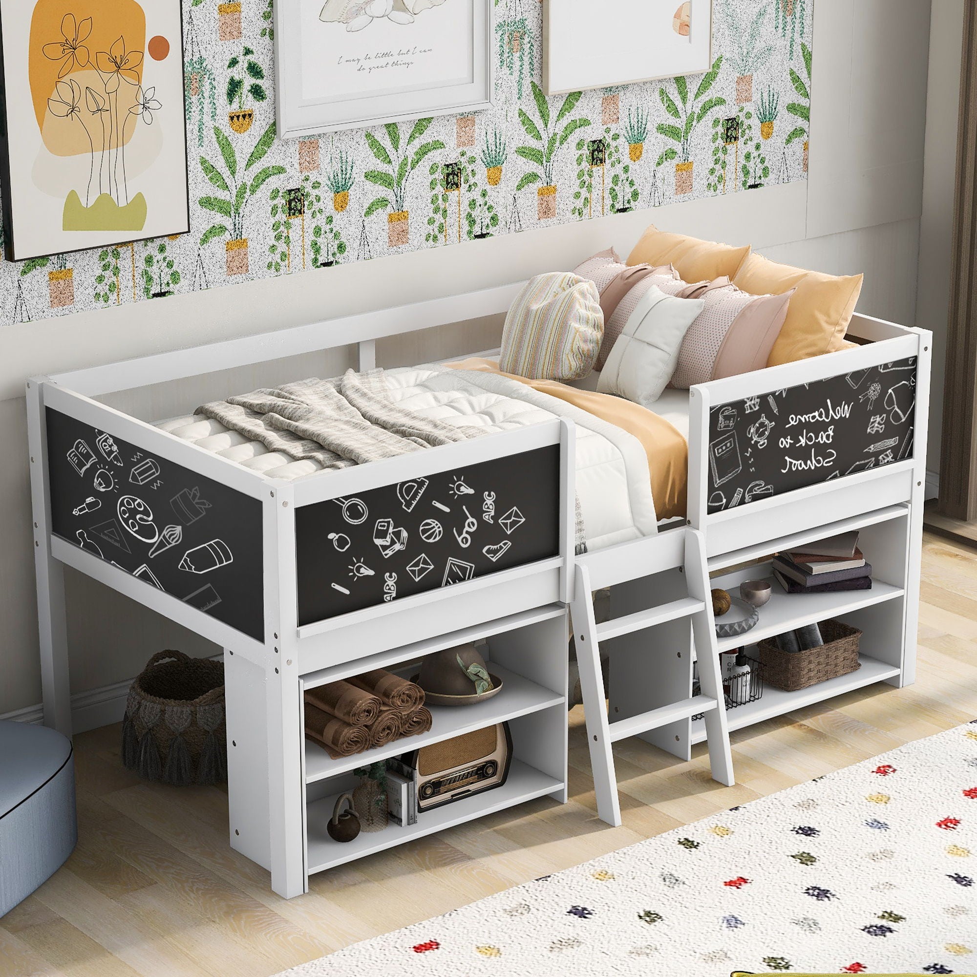 Low Loft Bed With Movable Shelves And Ladder, Decorative Chalkboard Guardrail
